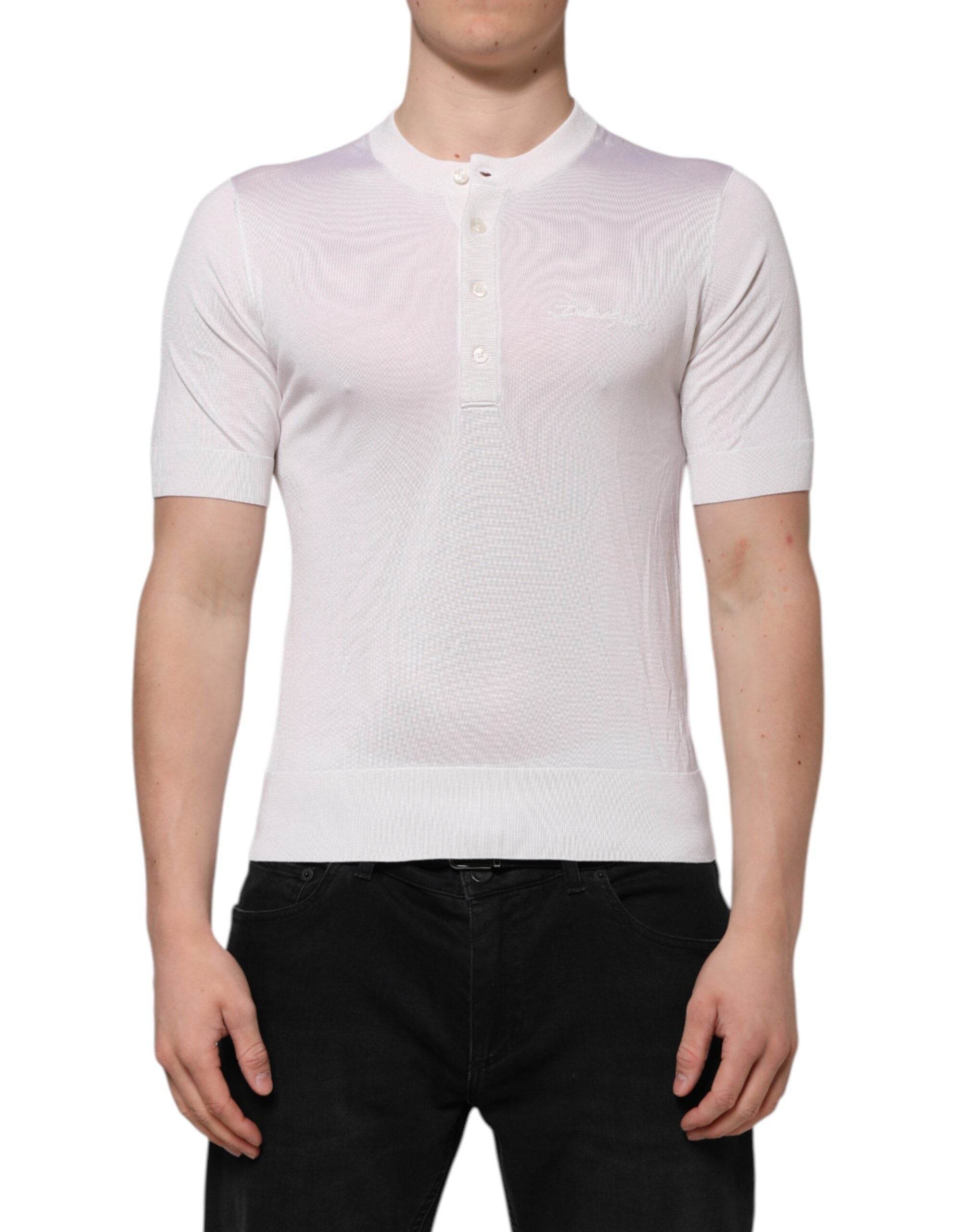 Dolce & Gabbana White Silk Short Sleeves Men Henley T-shirt - Hilstor