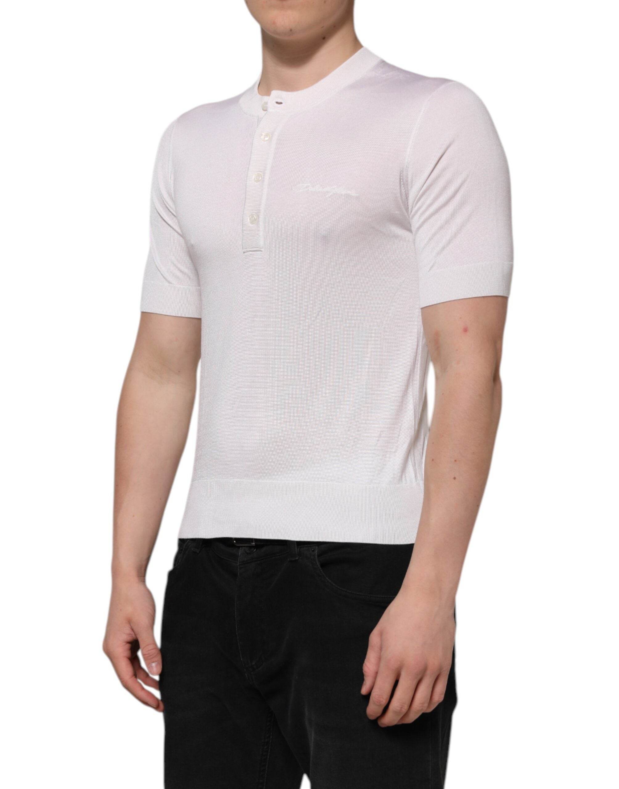 Dolce & Gabbana White Silk Short Sleeves Men Henley T-shirt - Hilstor