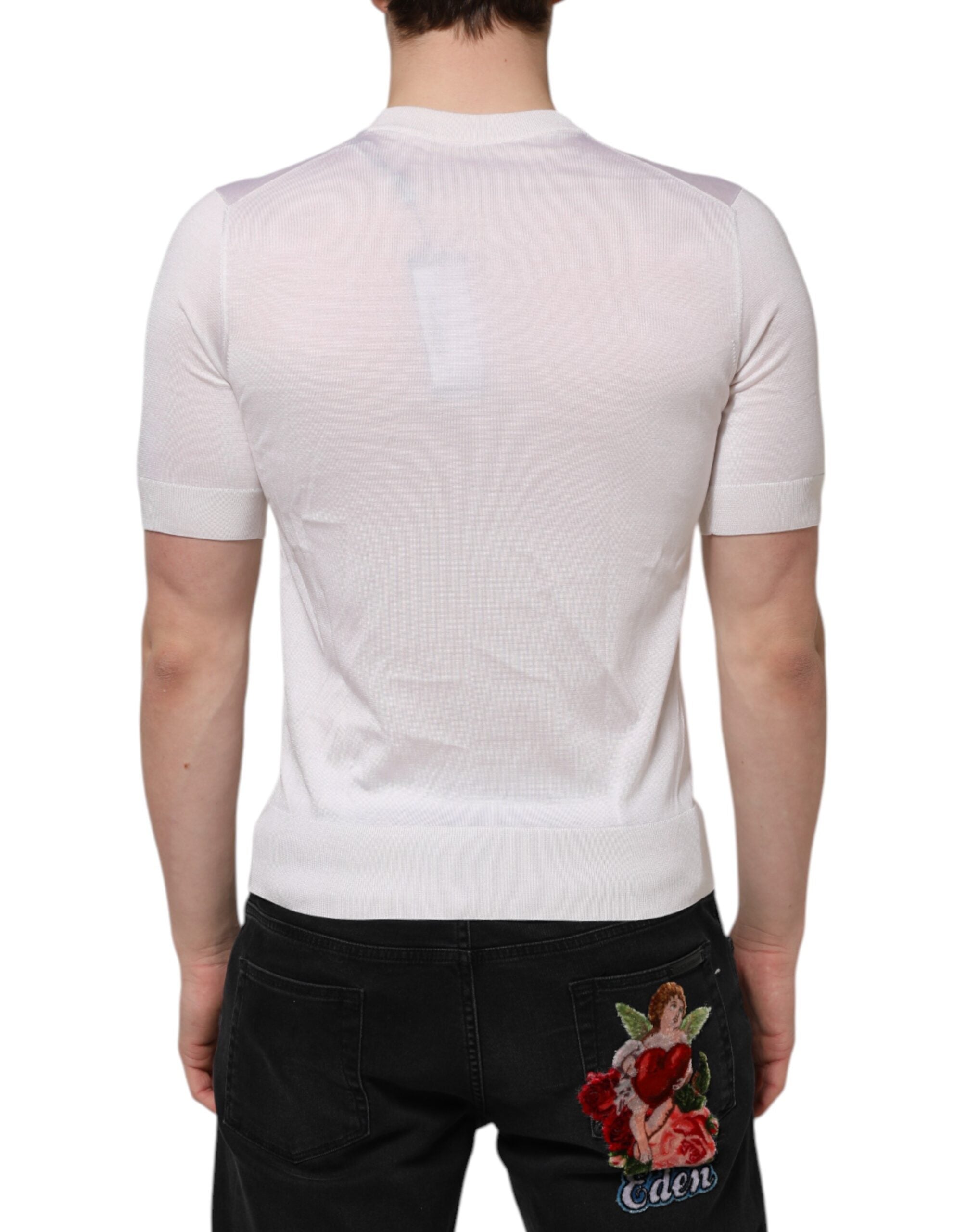 Dolce &amp; Gabbana Hvid Silke Kortærmet Herre Henley T-shirt