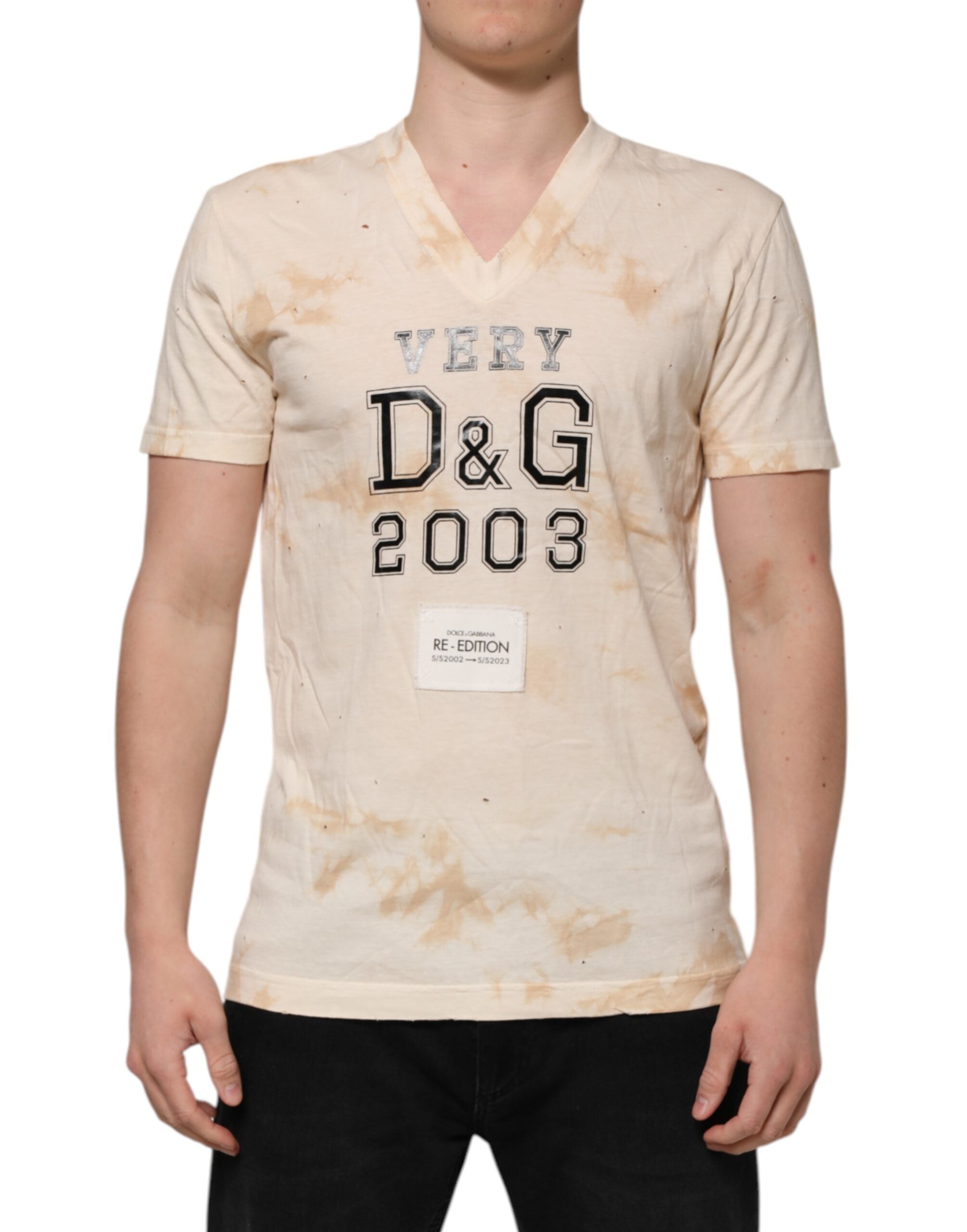 Dolce &amp; Gabbana Beige Logo Print Kortærmet T-shirt med V-hals