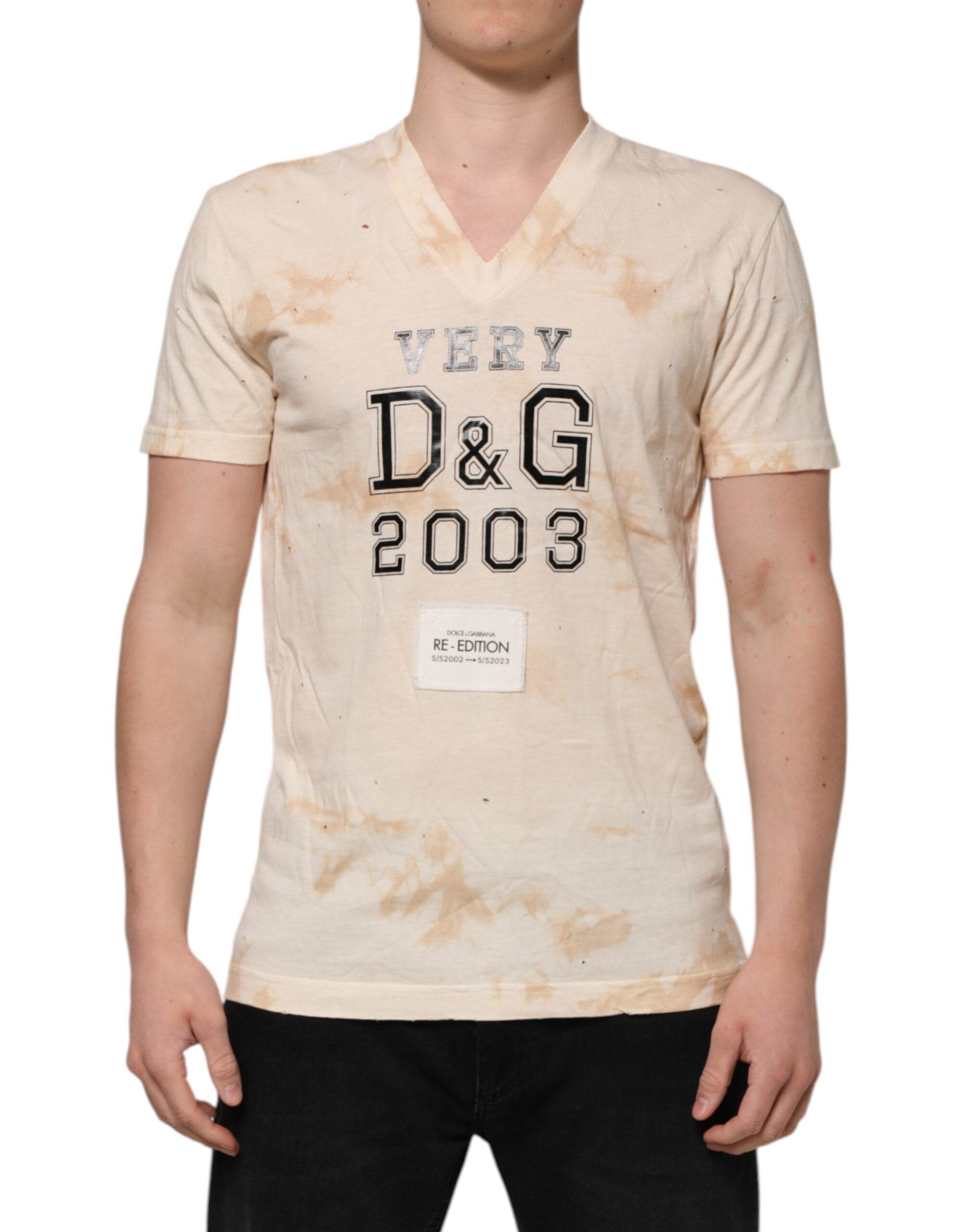 Dolce & Gabbana Beige Logo Print Short Sleeve V-neck T-shirt - Hilstor