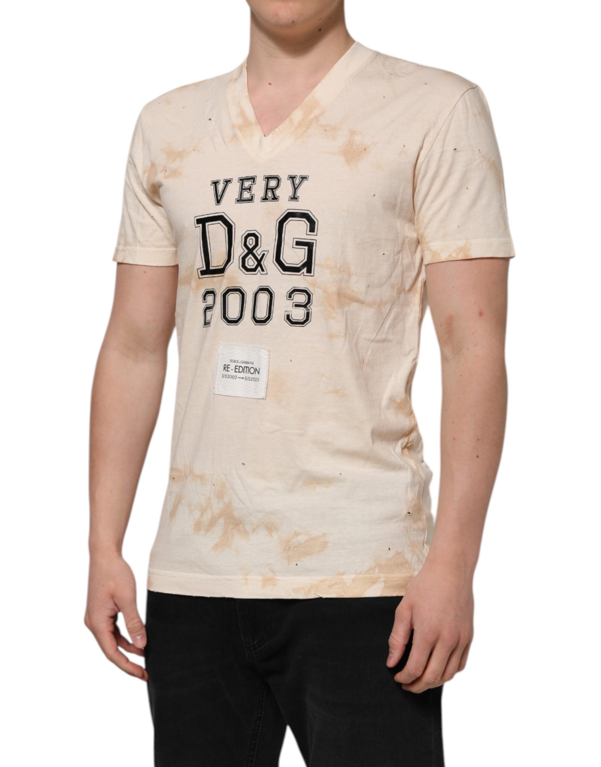 Dolce &amp; Gabbana Beige Logo Print Kortærmet T-shirt med V-hals