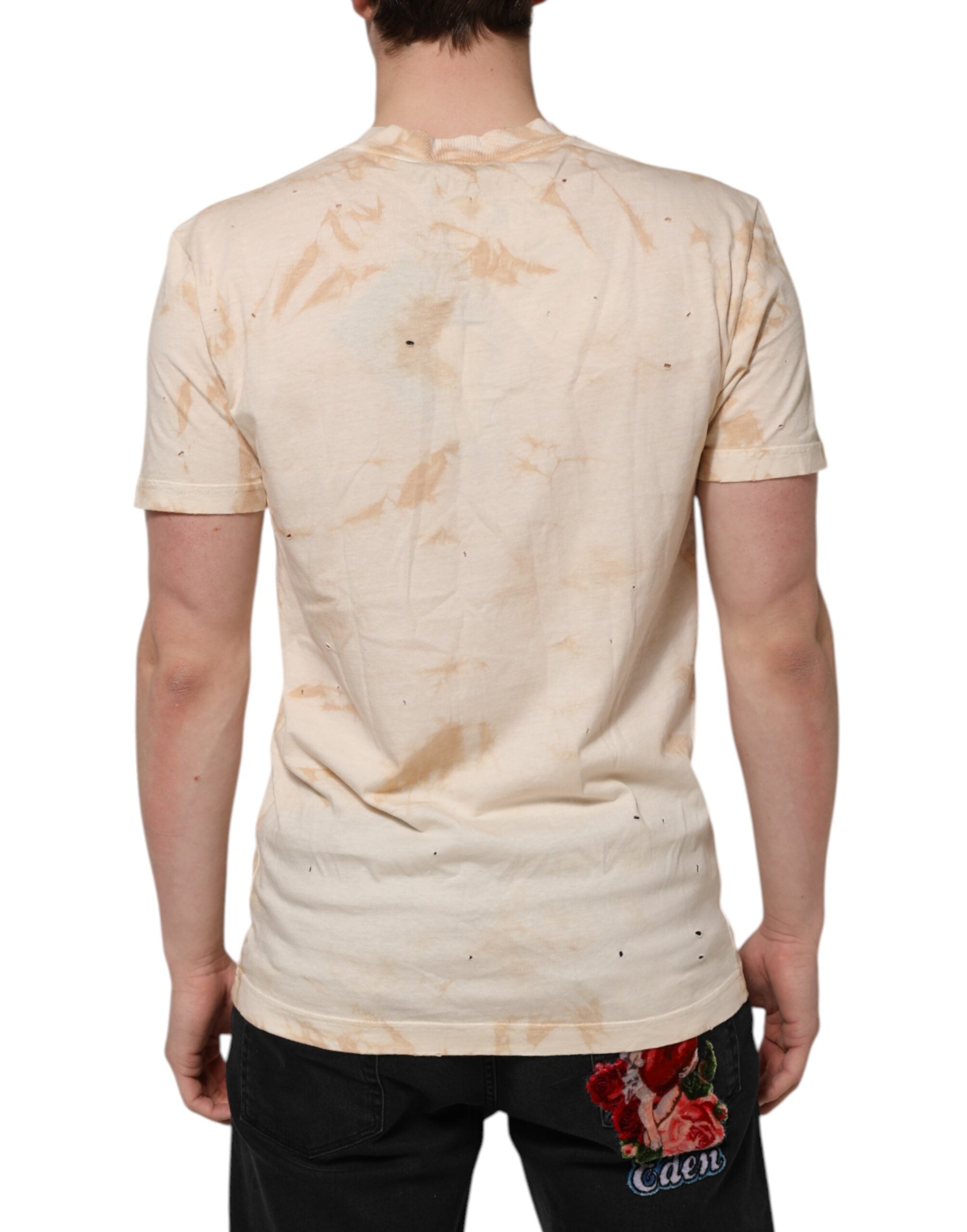 Dolce &amp; Gabbana Beige Logo Print Kortærmet T-shirt med V-hals