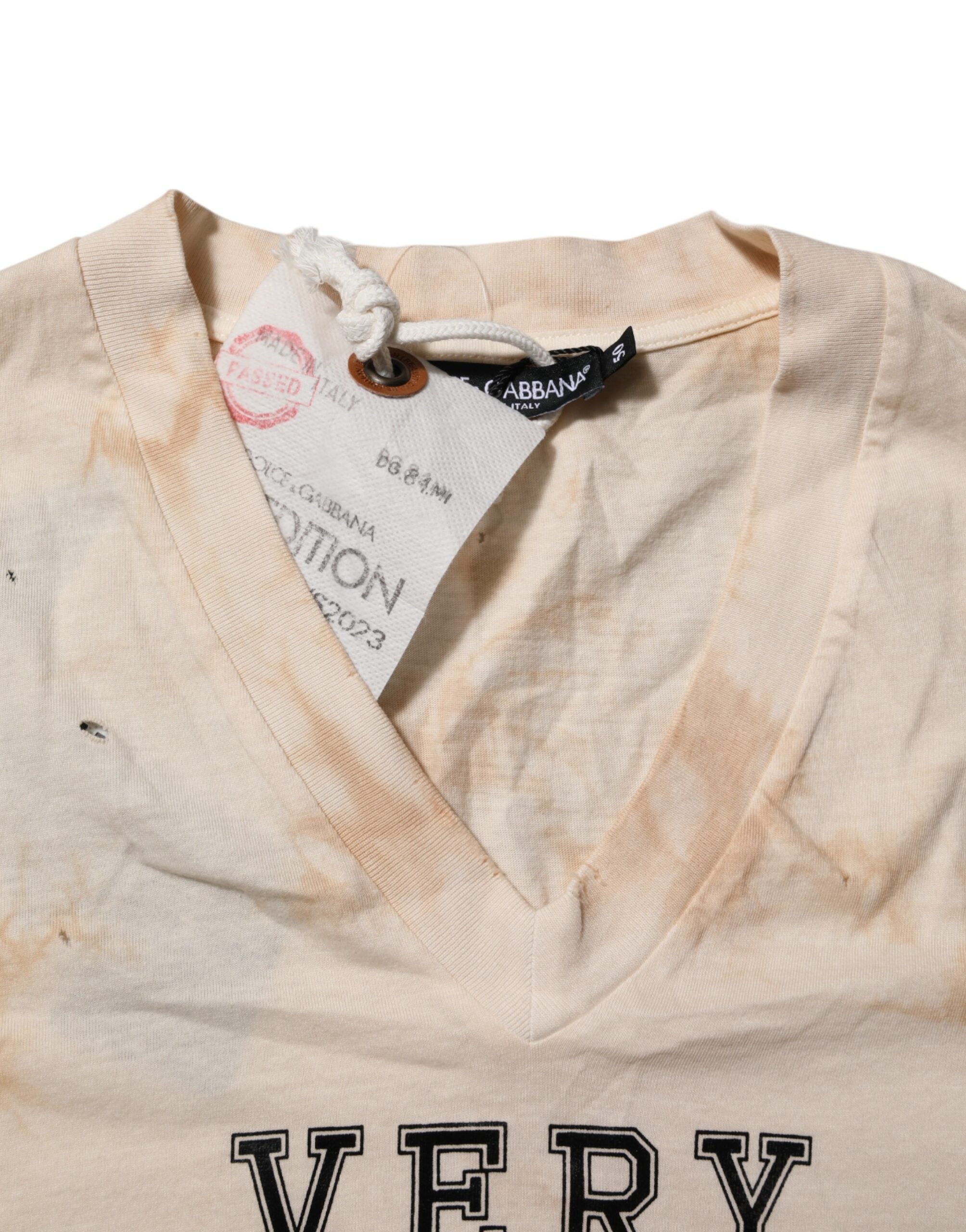 Dolce &amp; Gabbana Beige Logo Print Kortærmet T-shirt med V-hals