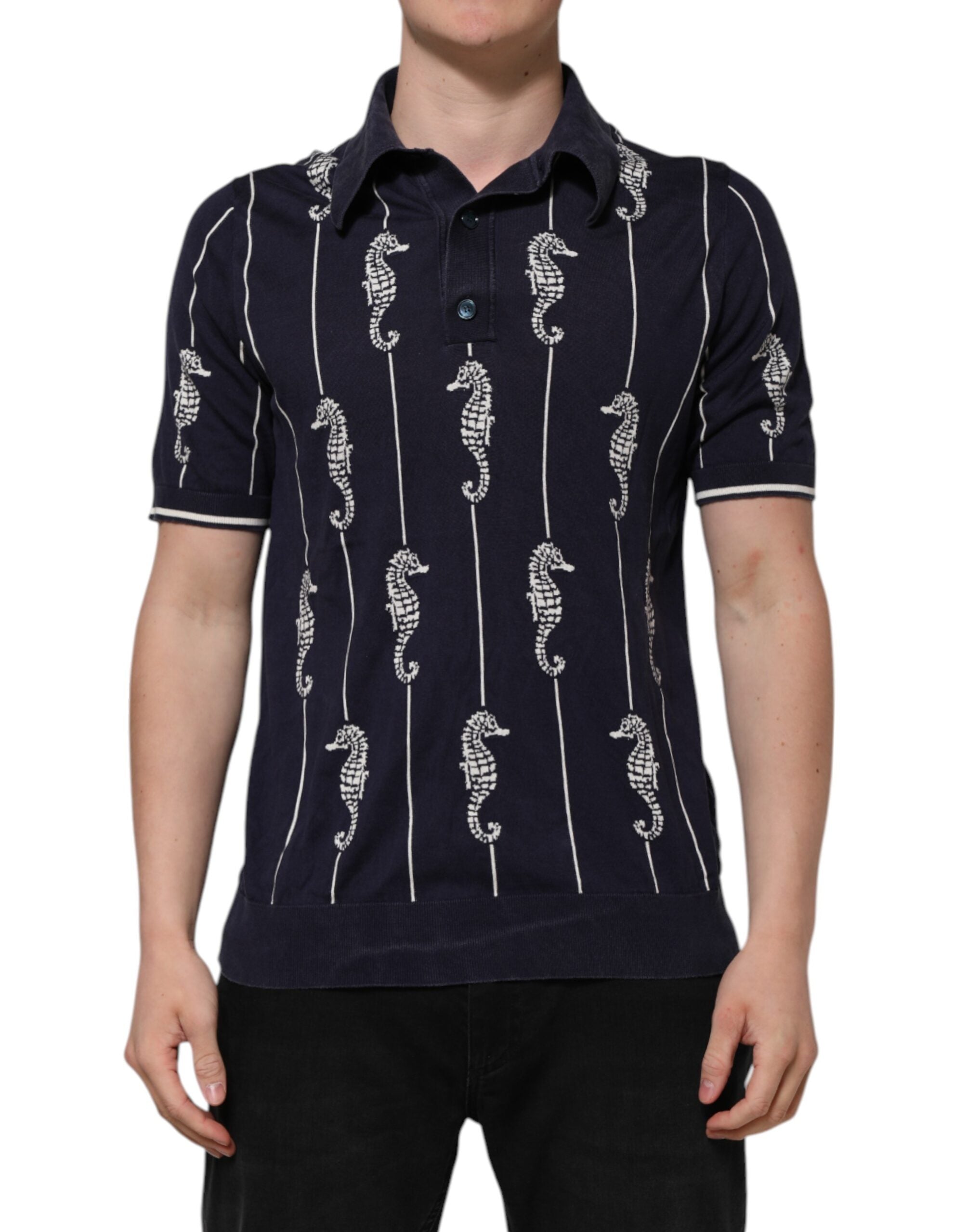 Dolce &amp; Gabbana Dark Blue Sea Horse Collared Polo T-shirt