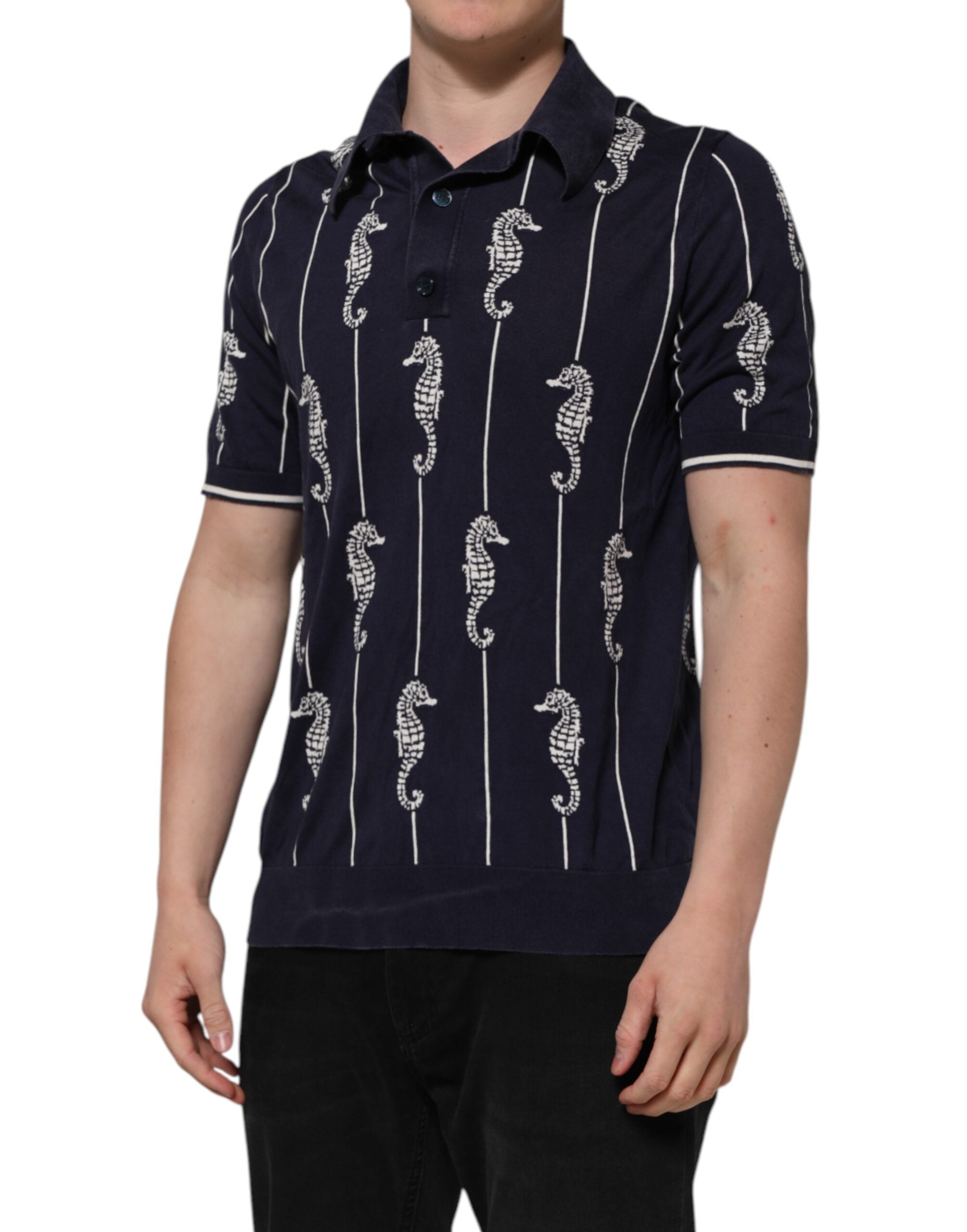 Dolce &amp; Gabbana Dark Blue Sea Horse Collared Polo T-shirt