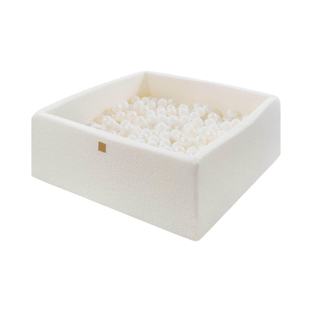MeowBaby® Boucle White Square Ball Pit 110x110x40cm – 400 White Pearl Balls, Made in Europe, Washable Cover & Anti-Allergic Foam - Hilstor