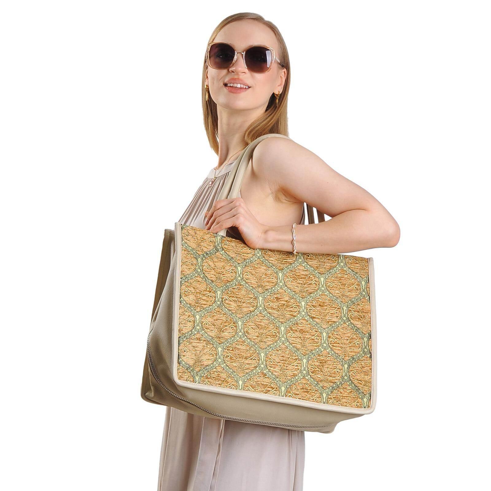 Leona Large Leather & Silk Tote Bag | Spacious & Stylish | Handmade in Turkey | Perfect for Work & Weekend Getaways - Hilstor