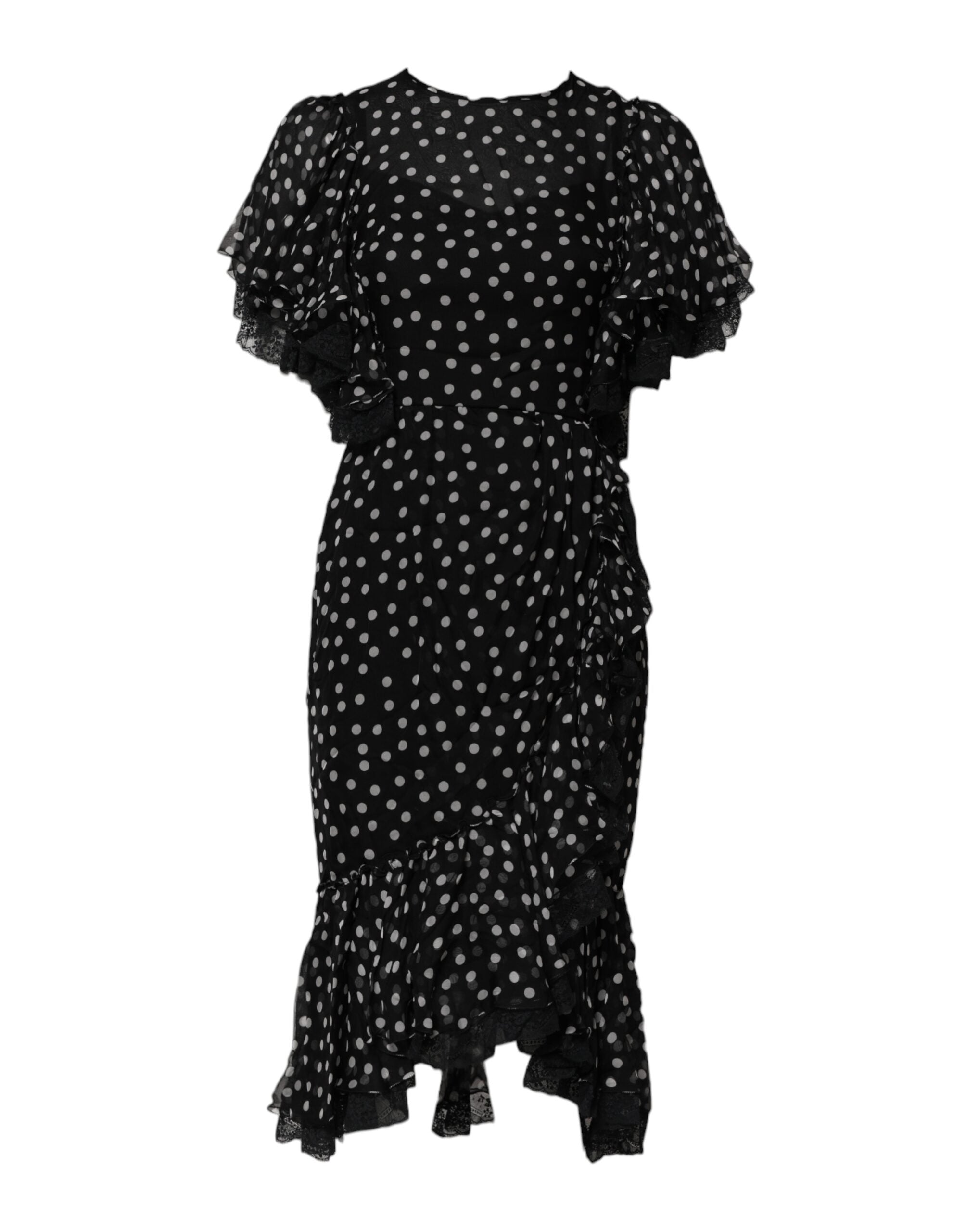Dolce &amp; Gabbana Sort/Hvid Blondekjole med Polkaprikker i Chiffon