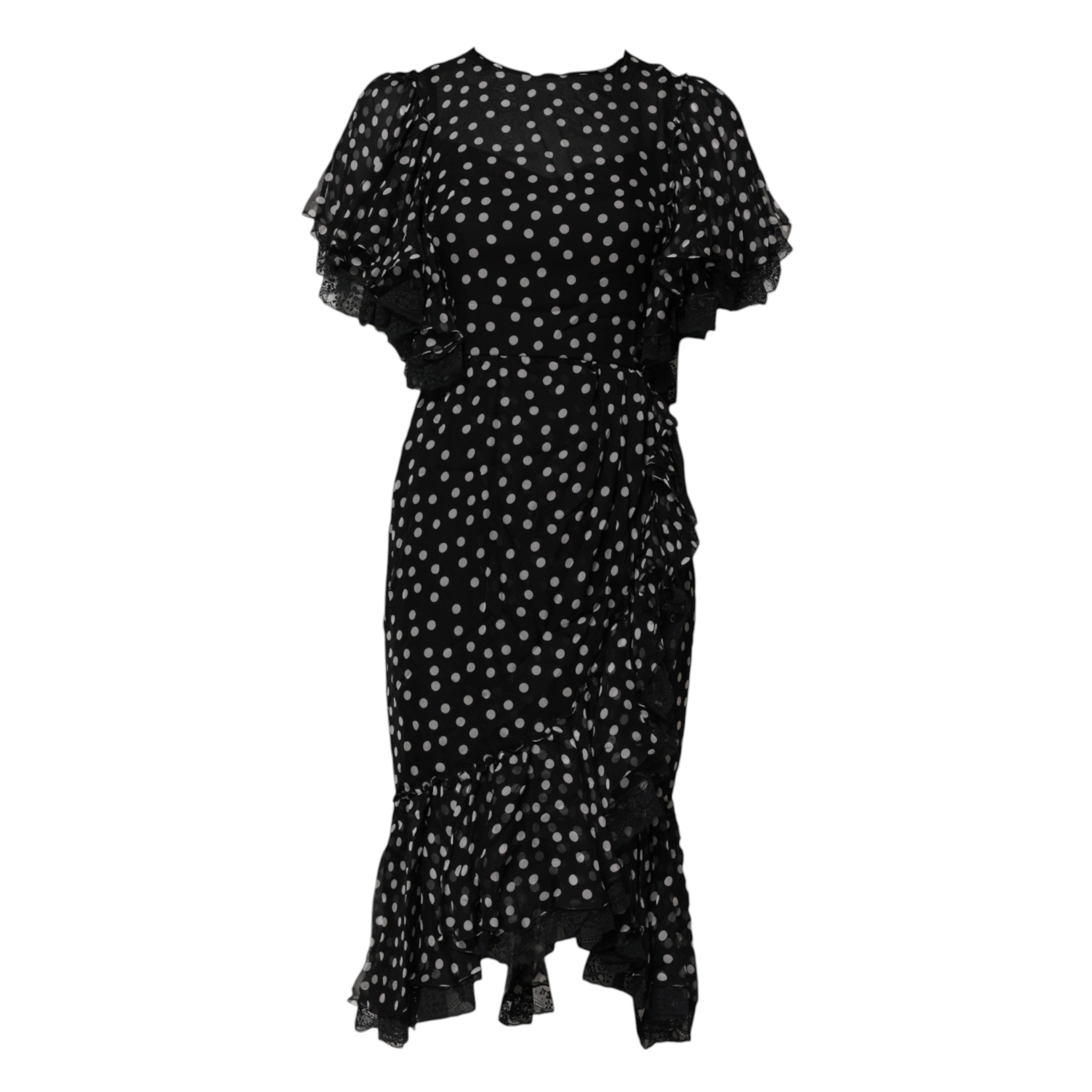 Dolce &amp; Gabbana Sort/Hvid Blondekjole med Polkaprikker i Chiffon