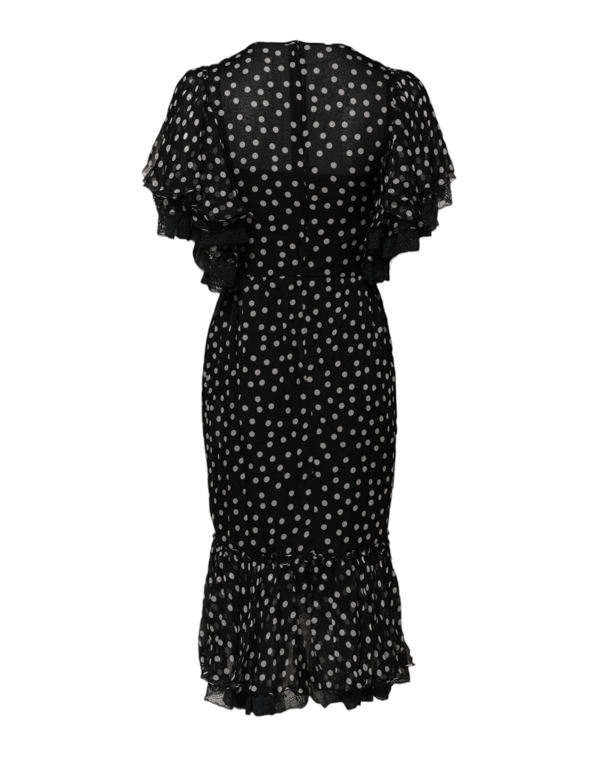 Dolce &amp; Gabbana Sort/Hvid Blondekjole med Polkaprikker i Chiffon