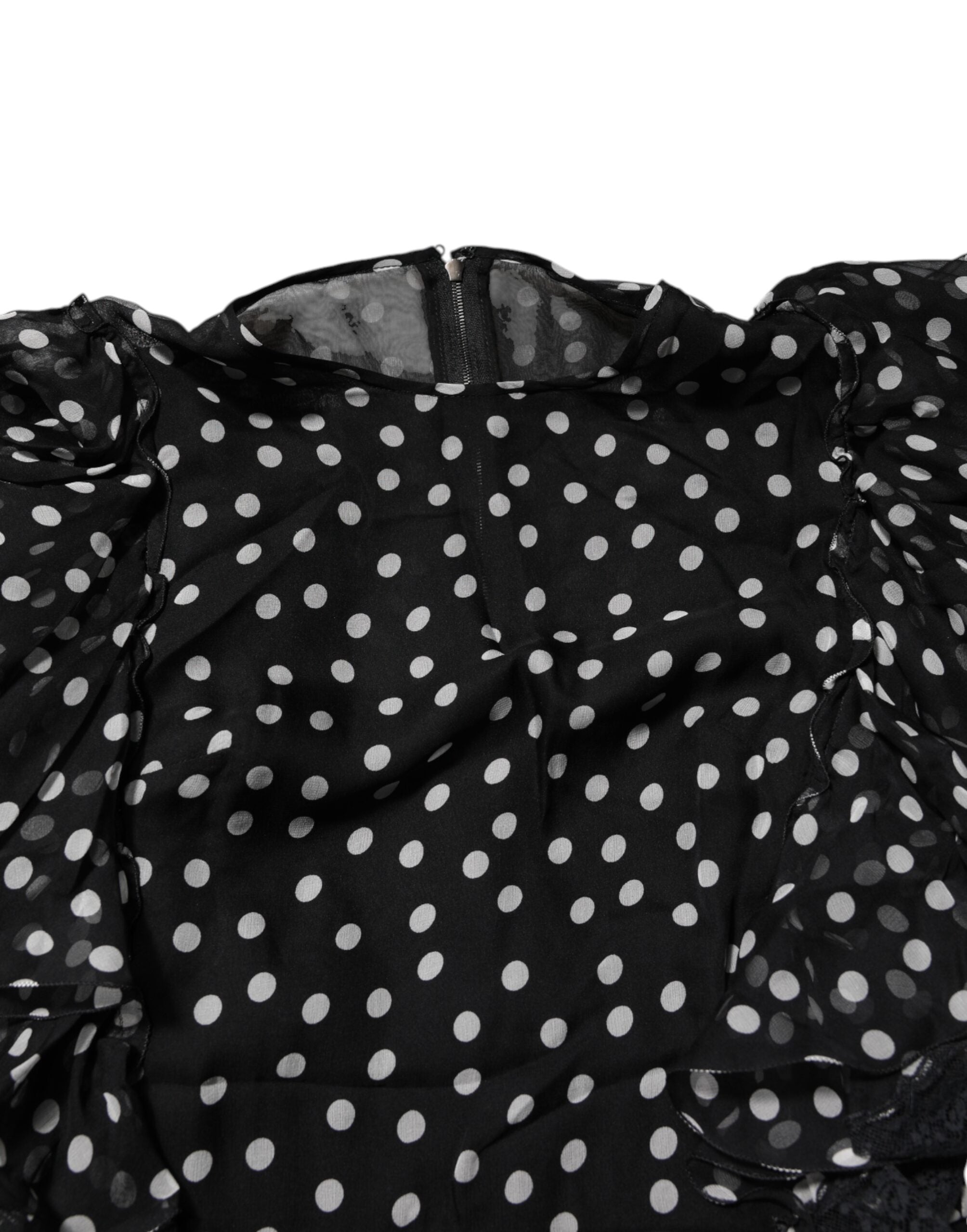 Dolce &amp; Gabbana Sort/Hvid Blondekjole med Polkaprikker i Chiffon