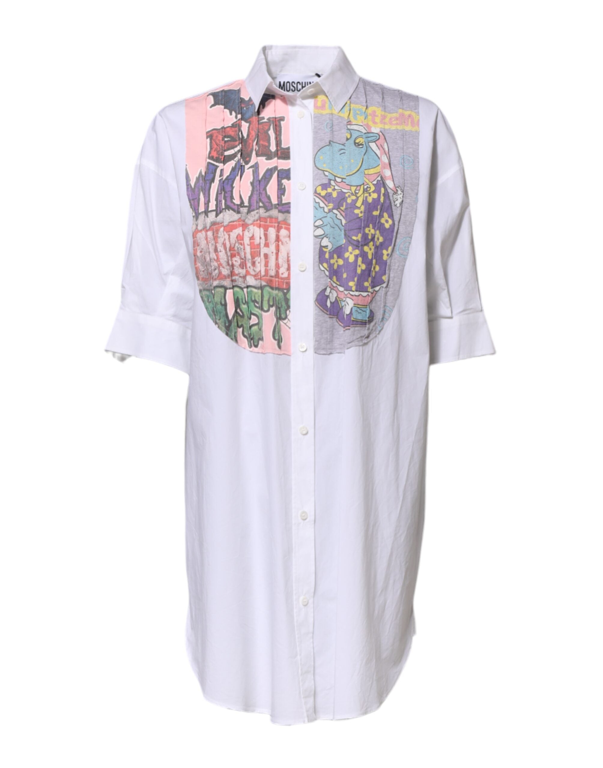 Moschino Couture Hvid Printet Mini Skjortekjole med Knapper og Krave
