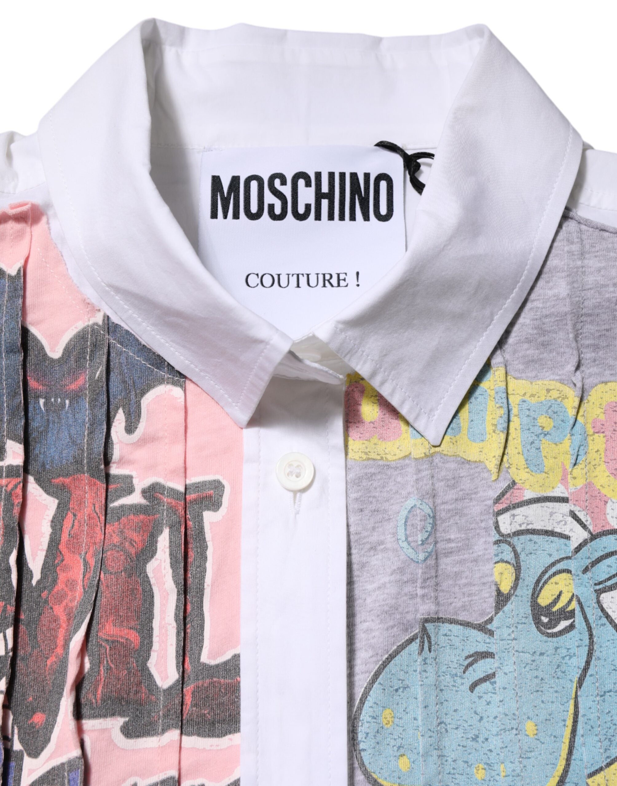 Moschino Couture Hvid Printet Mini Skjortekjole med Knapper og Krave