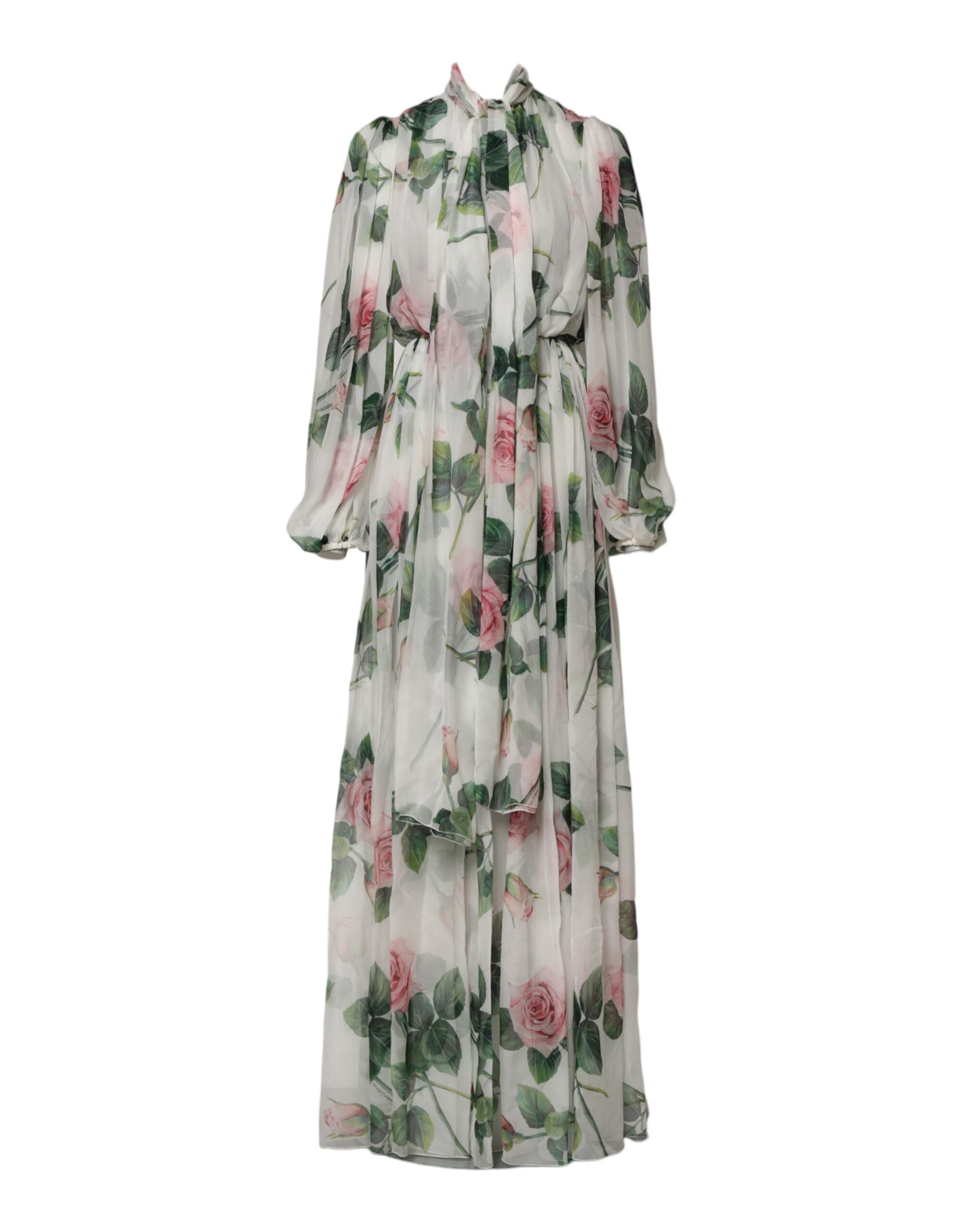 Dolce &amp; Gabbana Hvid Blomsterroser Silke Maxi Lang Kjole