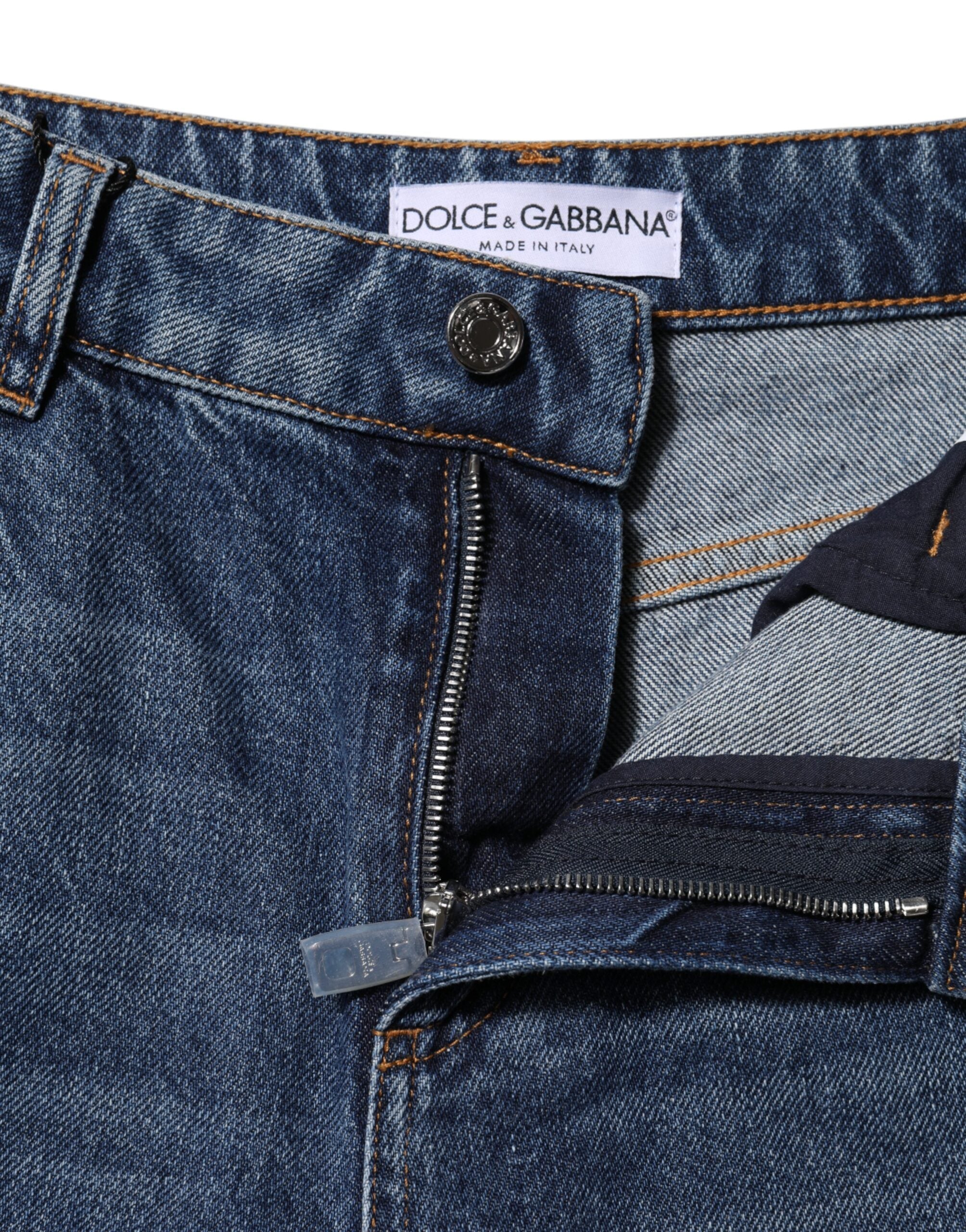 Dolce &amp; Gabbana Blå Bomullsvida Slitna Denimjeans 