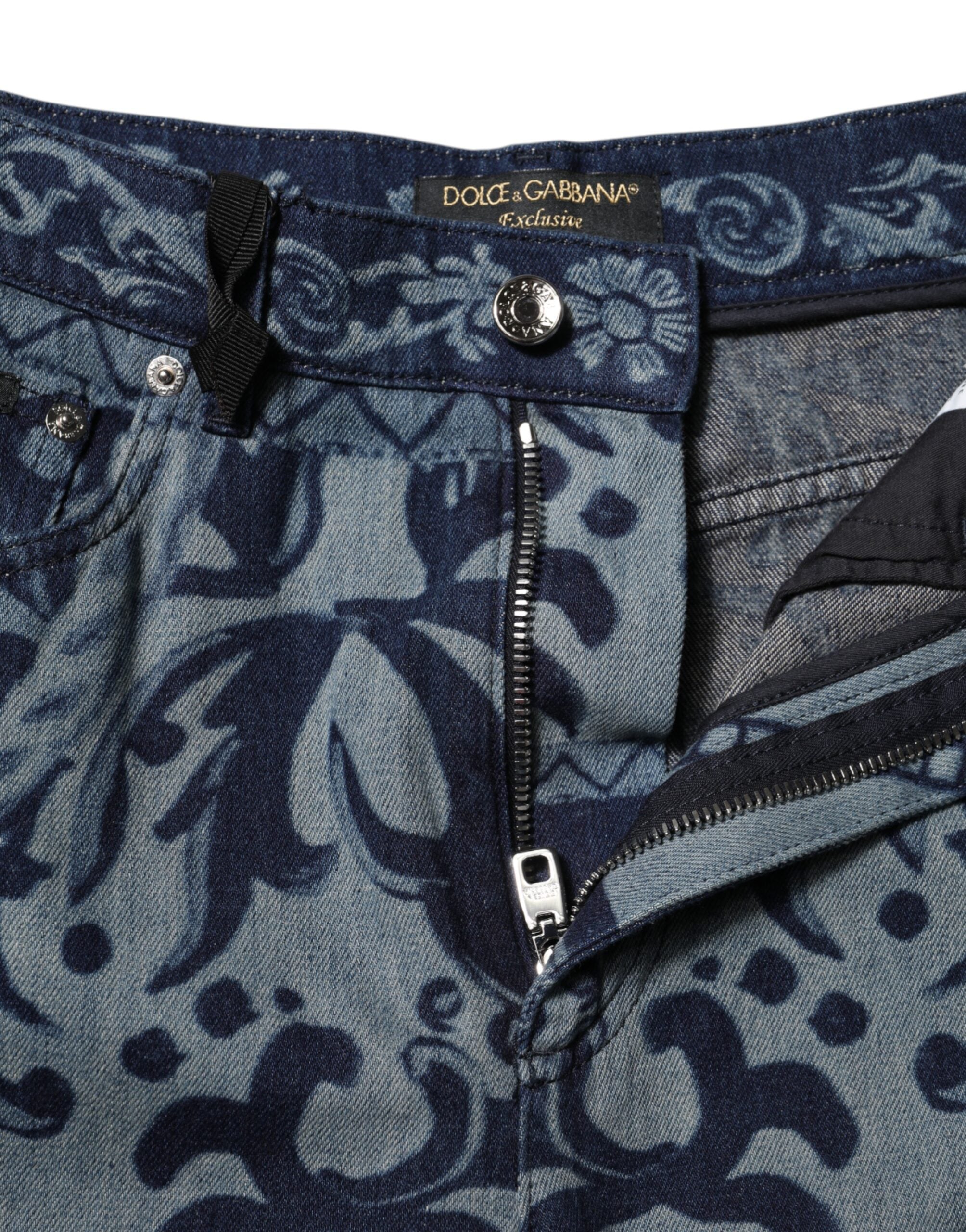 Dolce &amp; Gabbana Blå Grafisk Print Tapered Denim Jeans 