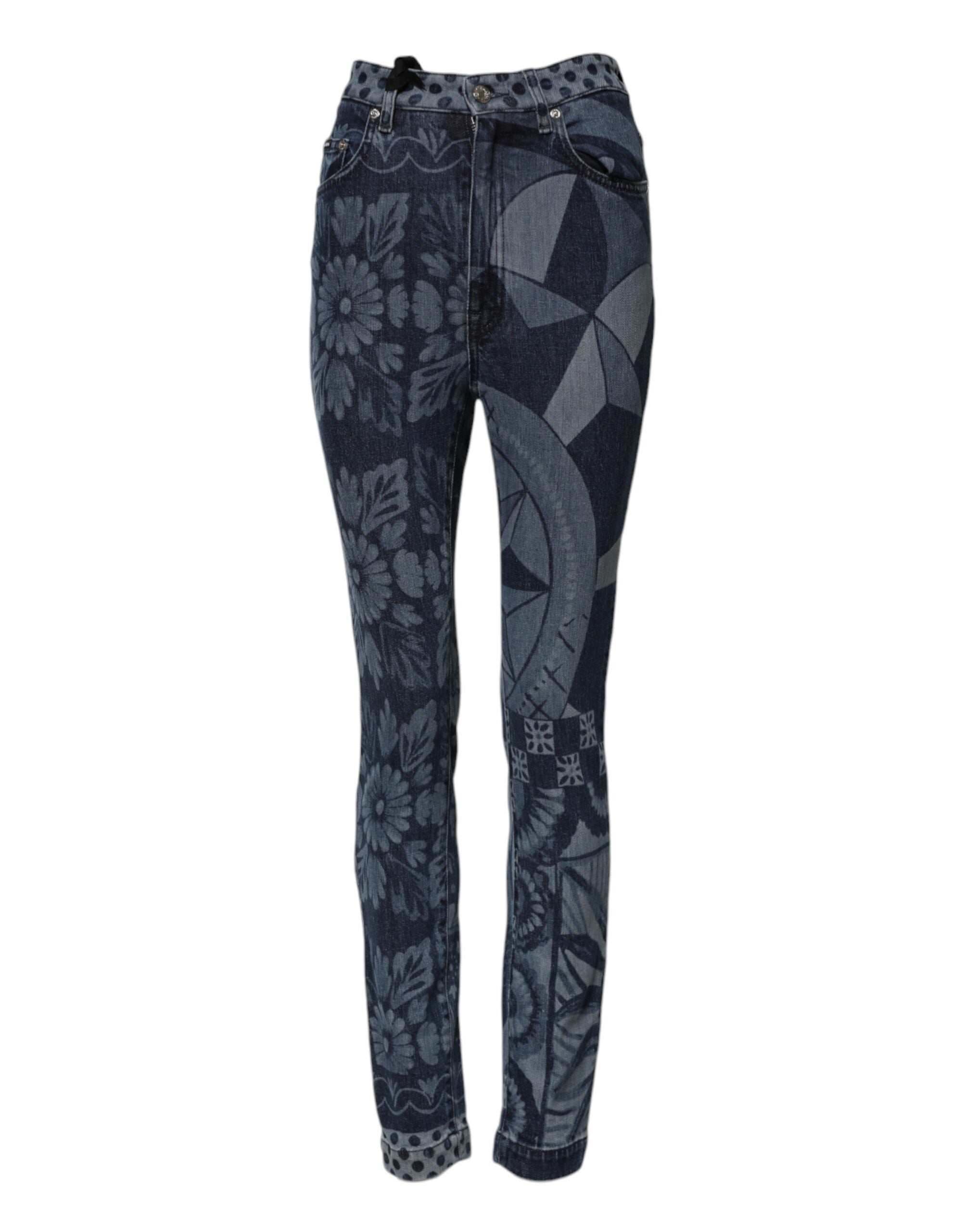 Dolce &amp; Gabbana Blå Grafisk Print Bomulds Skinny Denim Jeans 