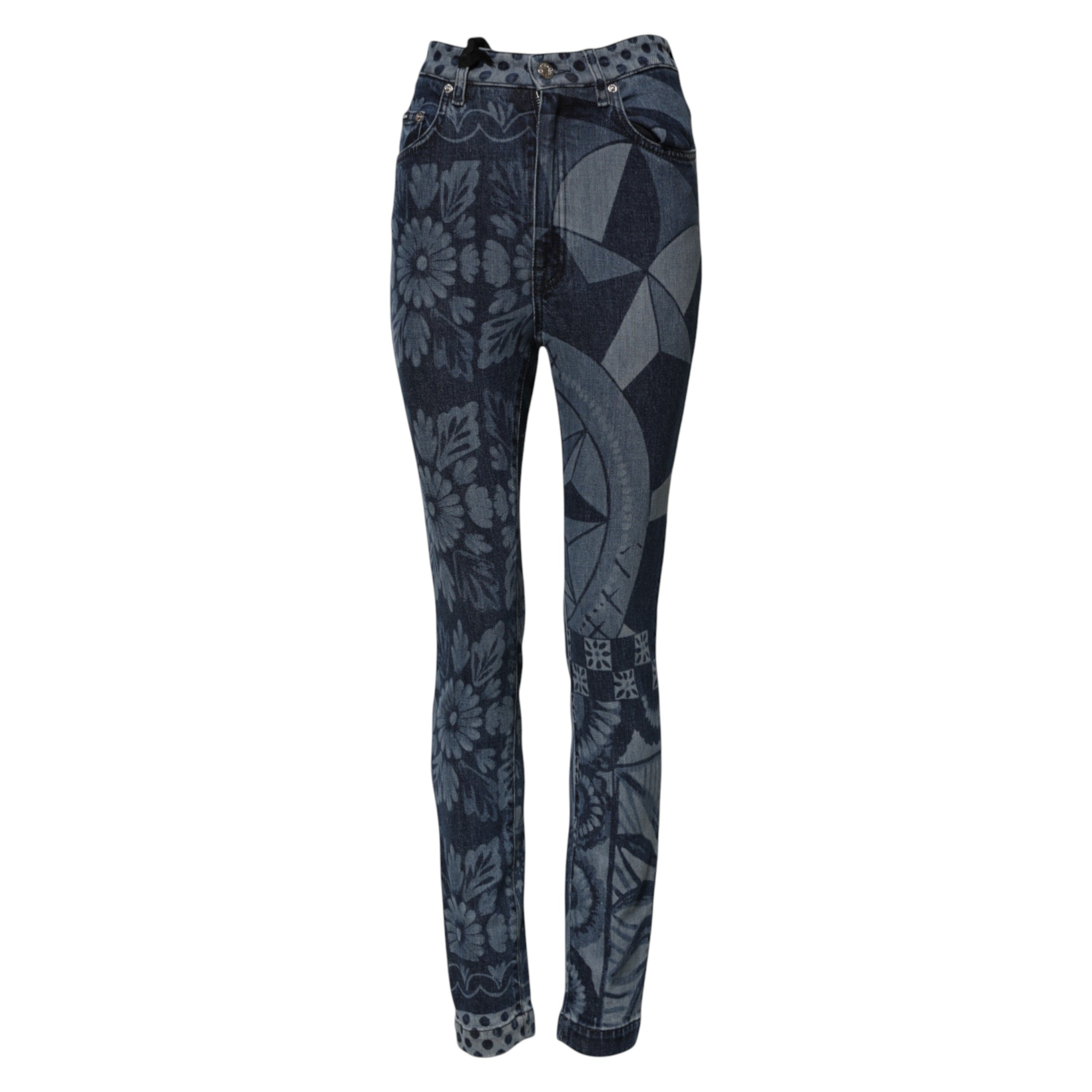 Dolce &amp; Gabbana Blå Grafisk Print Bomulds Skinny Denim Jeans 