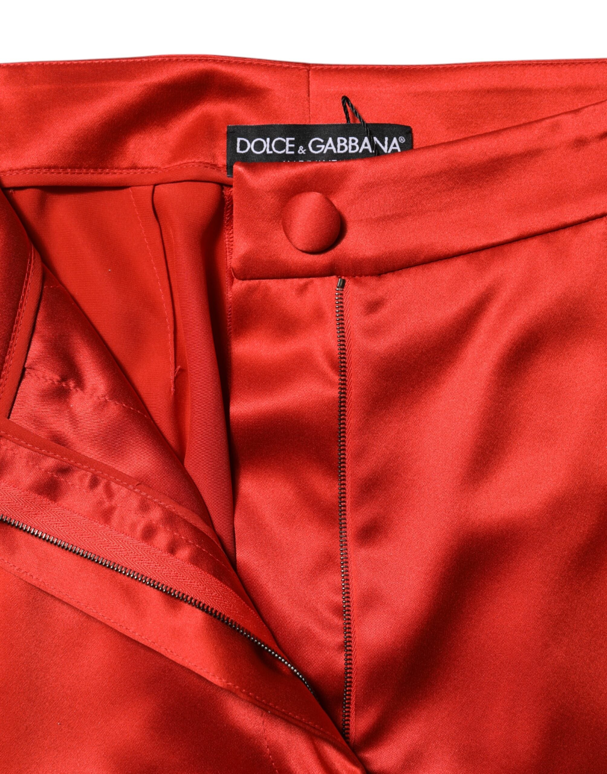Dolce &amp; Gabbana Røde Satin Højtaljede Bukser Med Brede Ben 