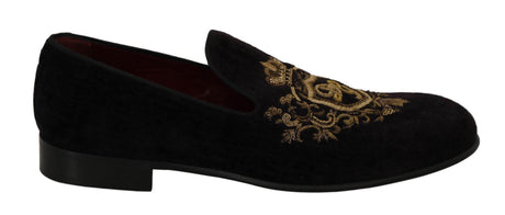 Dolce & Gabbana Elegant Black Loafers with Gold Crown Embroidery - Hilstor