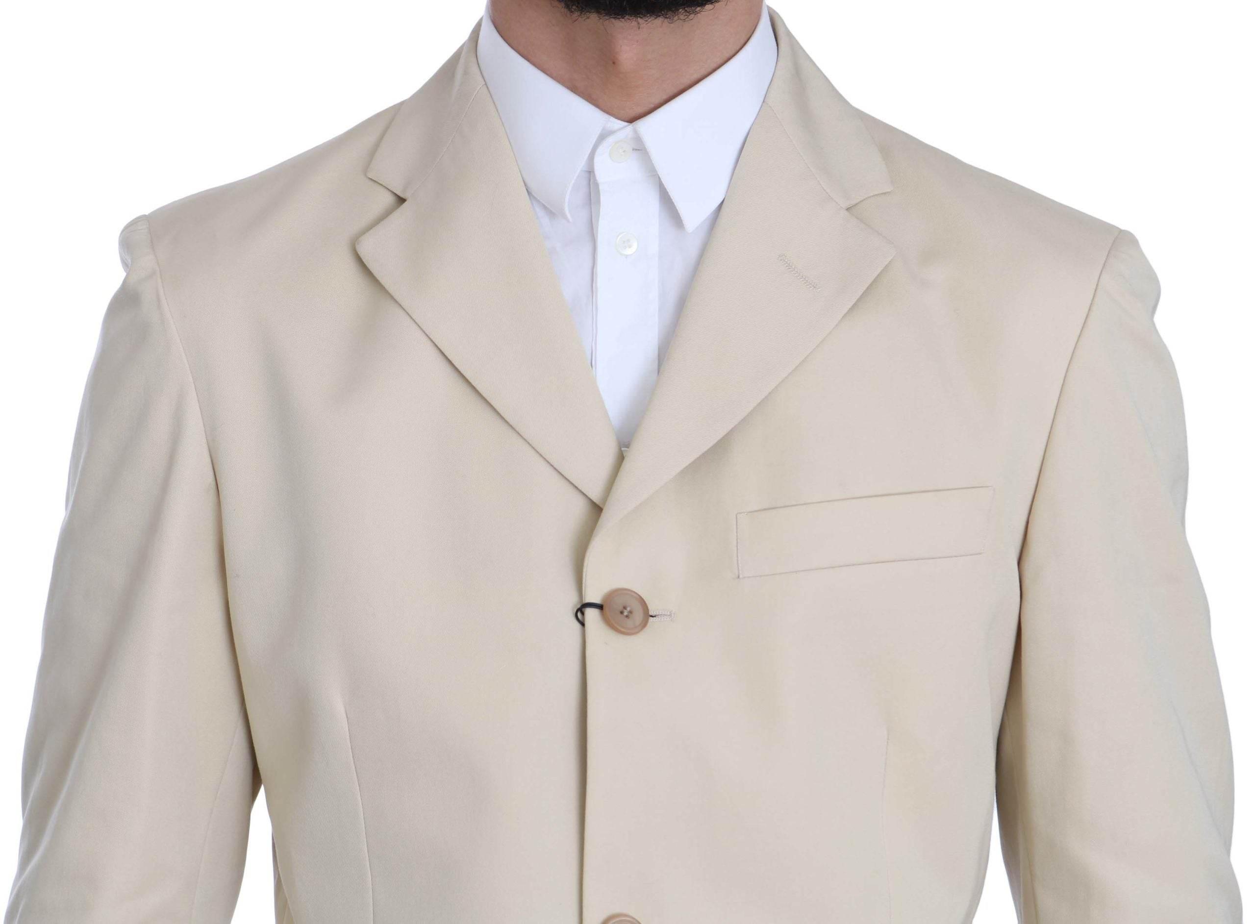 Romeo Gigli Two Piece 3 Button Beige Cotton Solid Suit - Hilstor