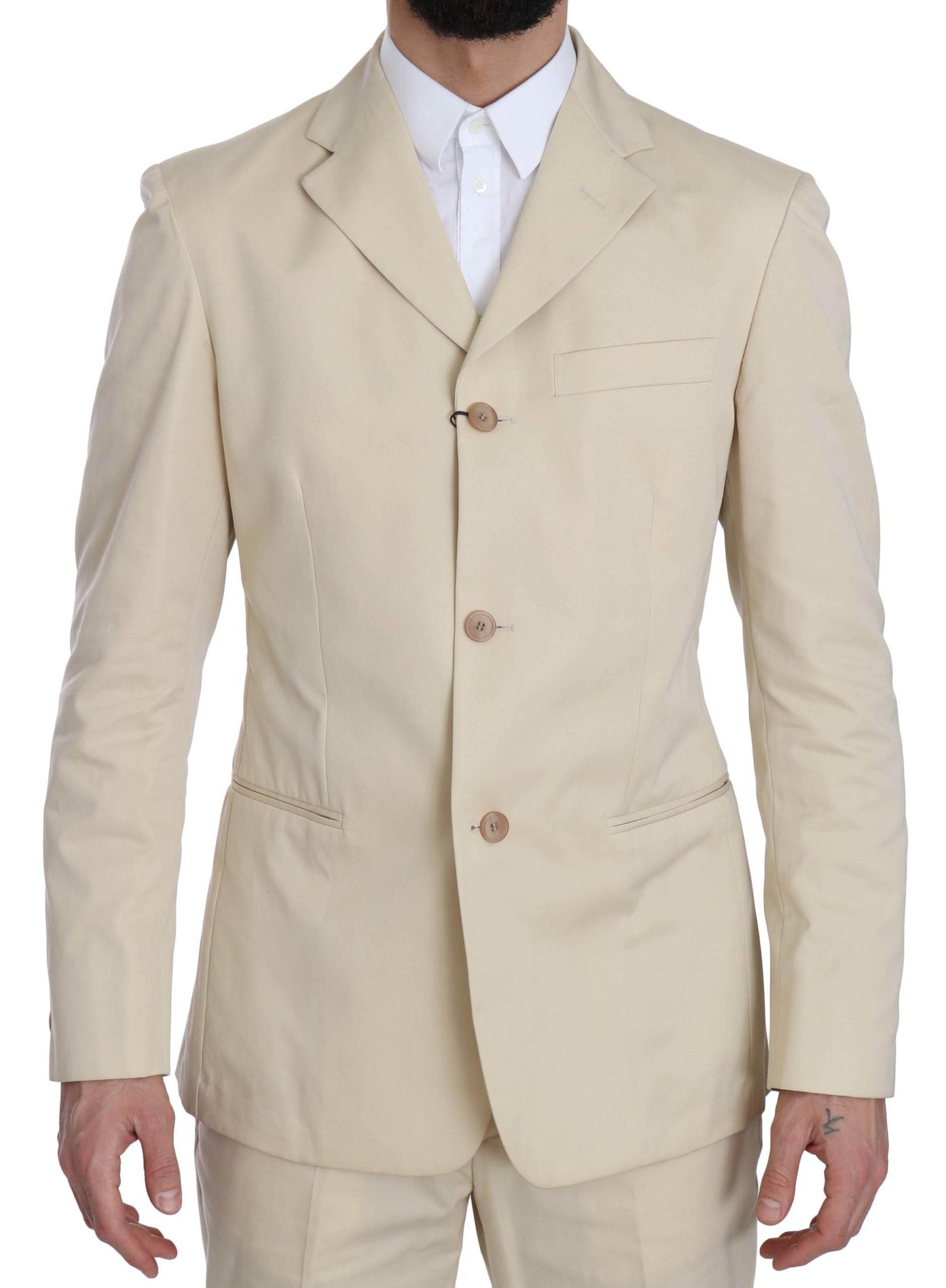 Romeo Gigli Two Piece 3 Button Beige Cotton Solid Suit - Hilstor