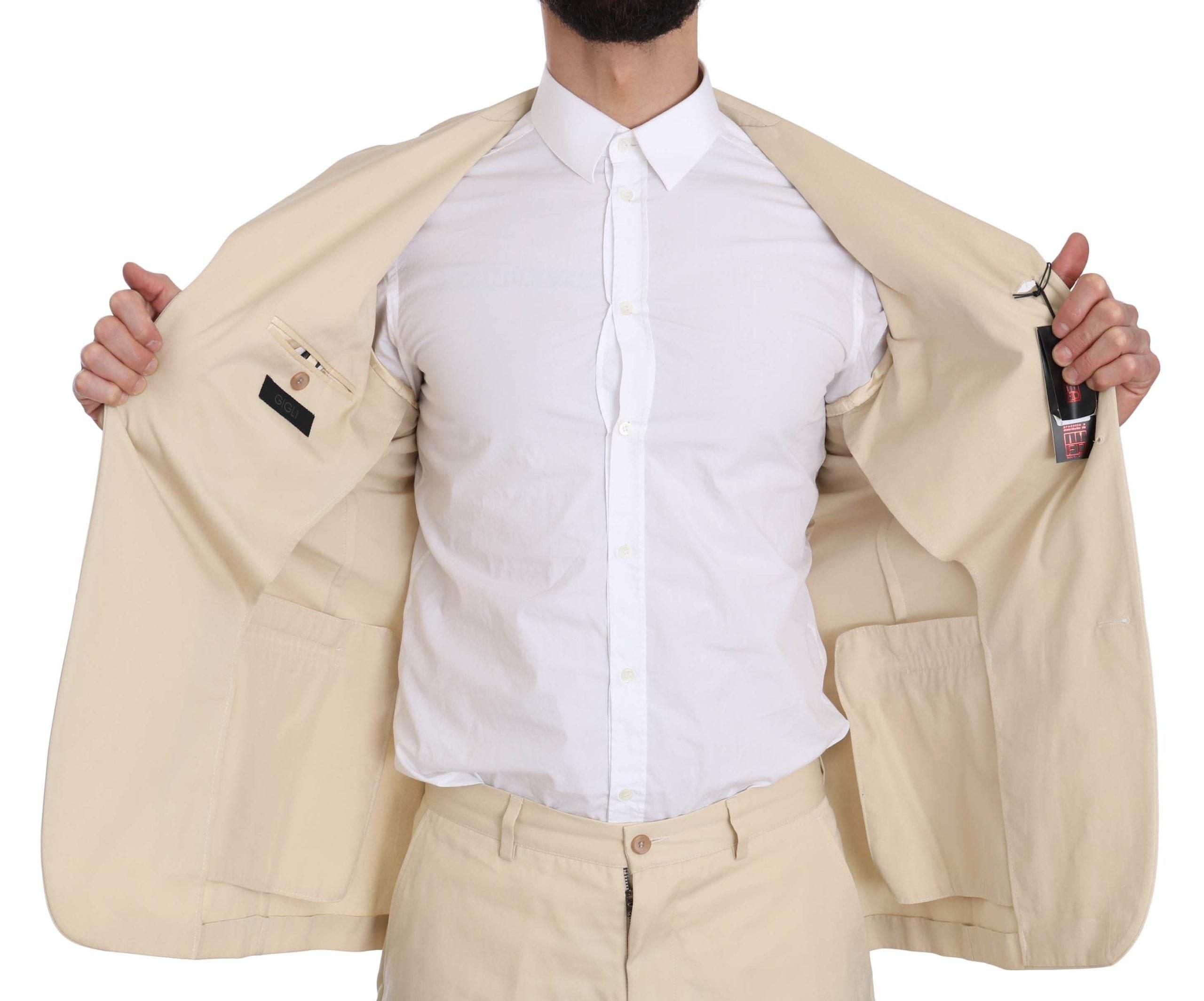 Romeo Gigli Two Piece 3 Button Beige Cotton Solid Suit - Hilstor