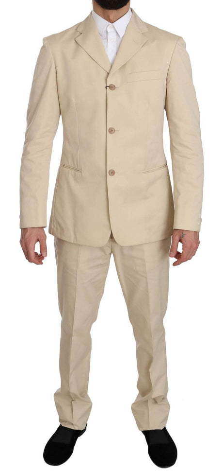 Romeo Gigli Two Piece 3 Button Beige Cotton Solid Suit - Hilstor
