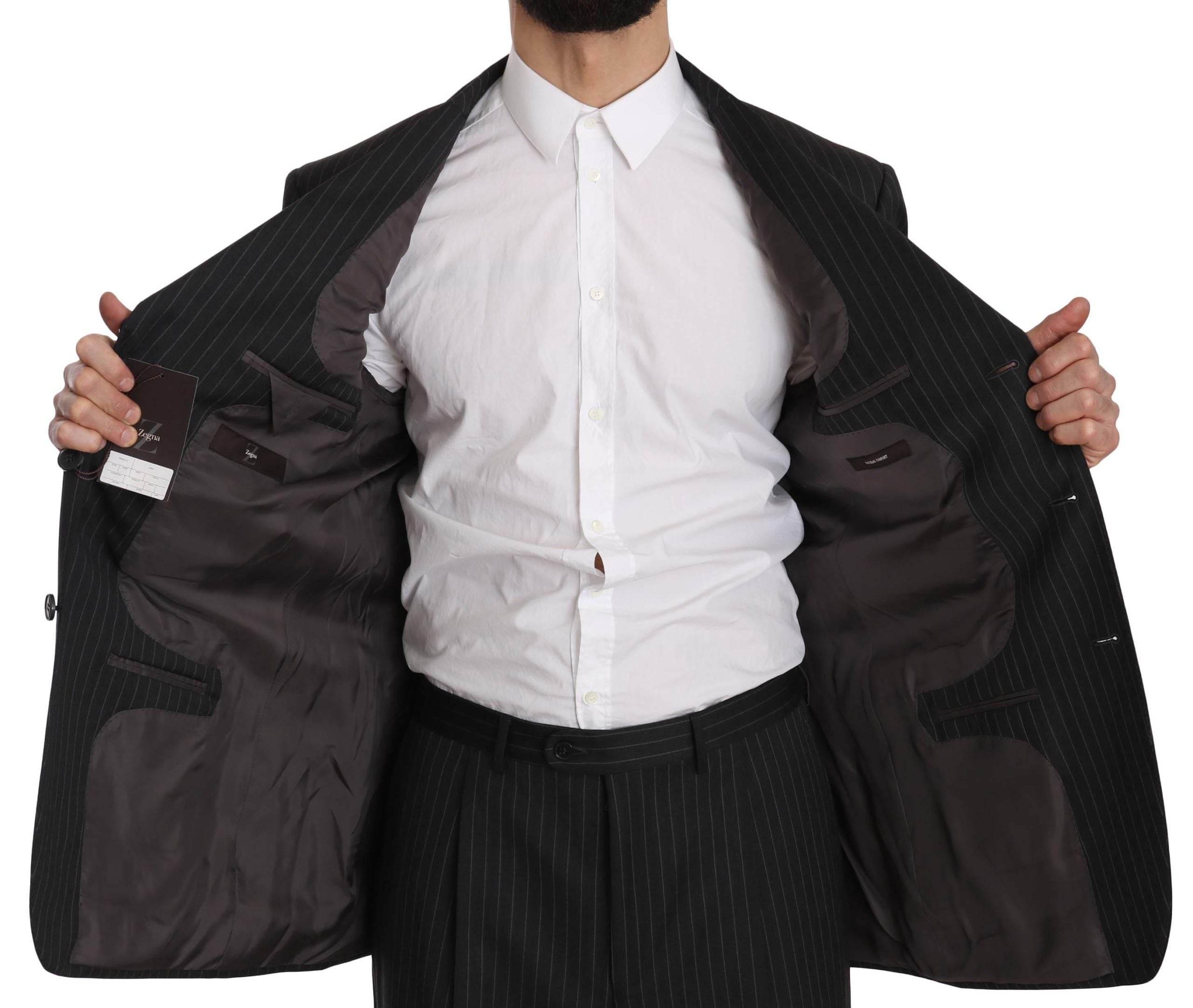 Z ZEGNA Black Striped Two Piece 3 Button 100% Wool Suit - Hilstor