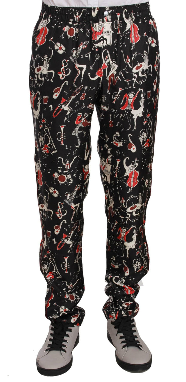 Dolce & Gabbana Elegant Black Silk Lounge Pants with Red Print - Hilstor