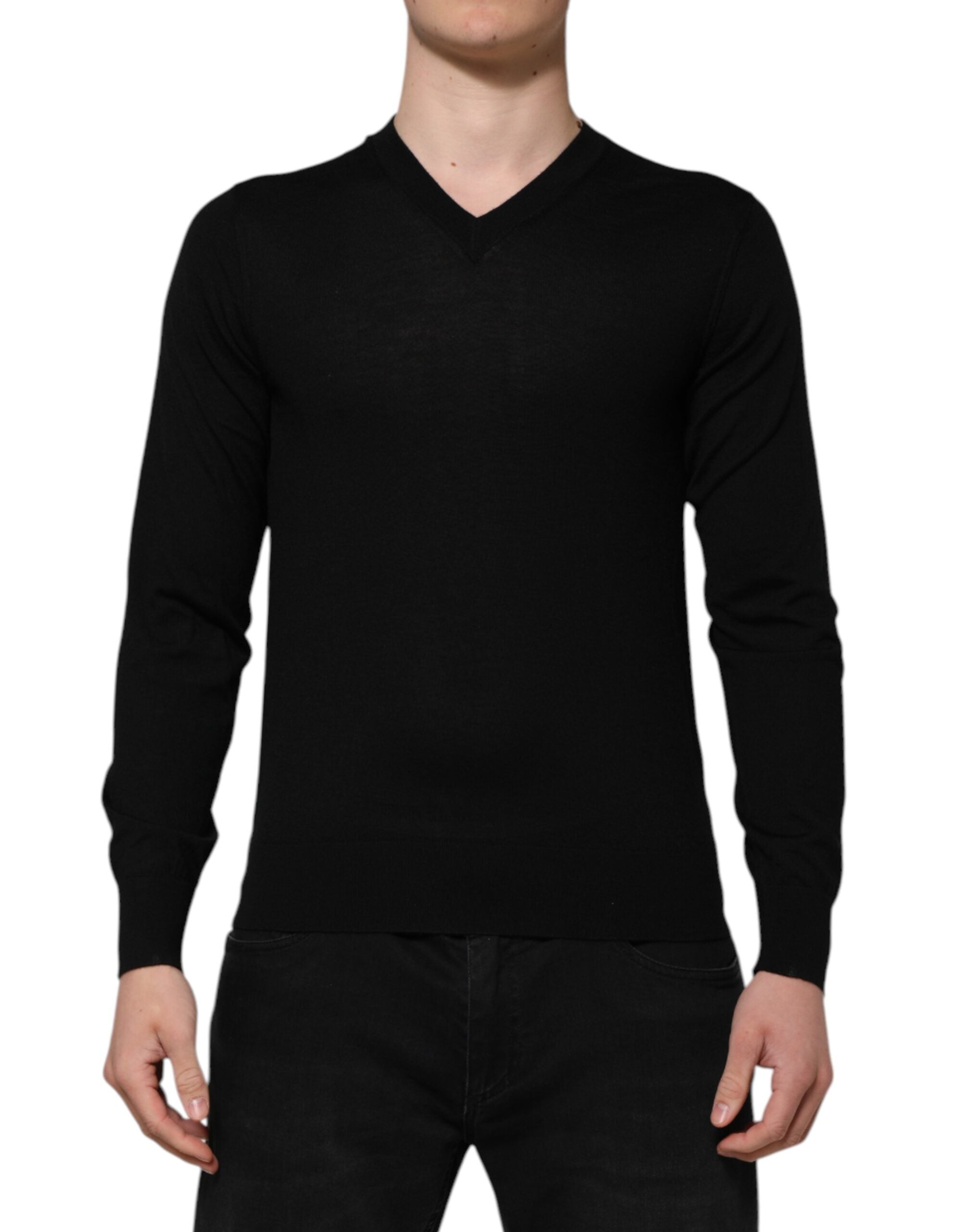 Dolce &amp; Gabbana Sort Cashmere V-hals Langærmet T-shirt