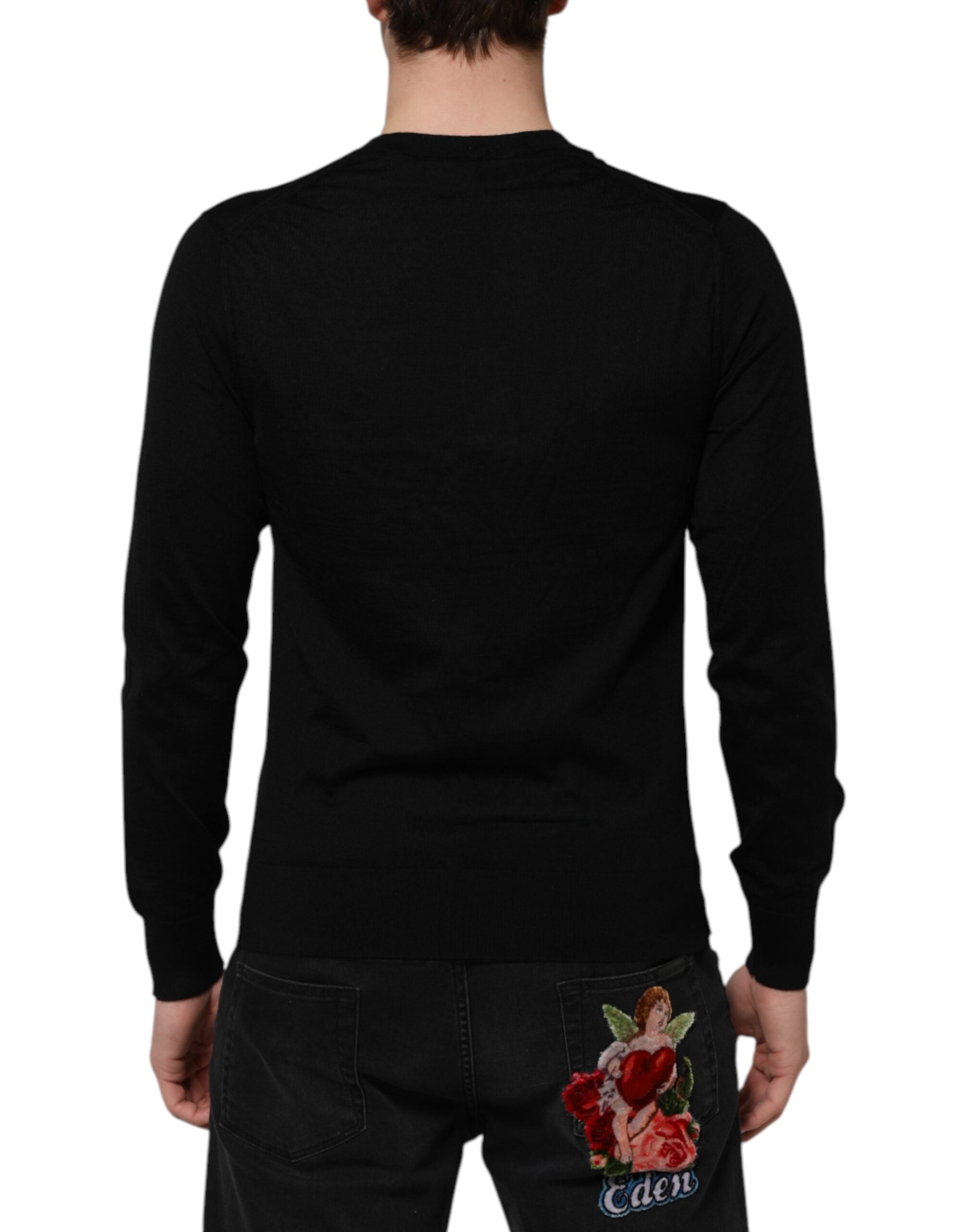 Dolce &amp; Gabbana Sort Cashmere V-hals Langærmet T-shirt