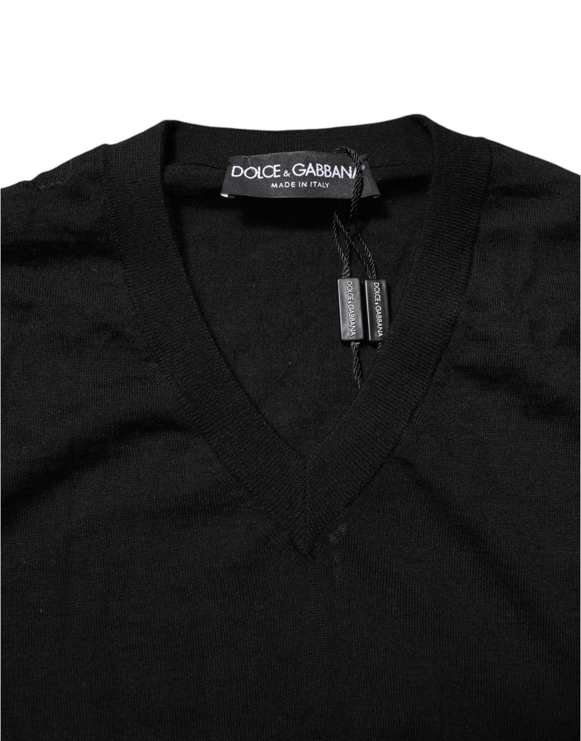 Dolce &amp; Gabbana Sort Cashmere V-hals Langærmet T-shirt
