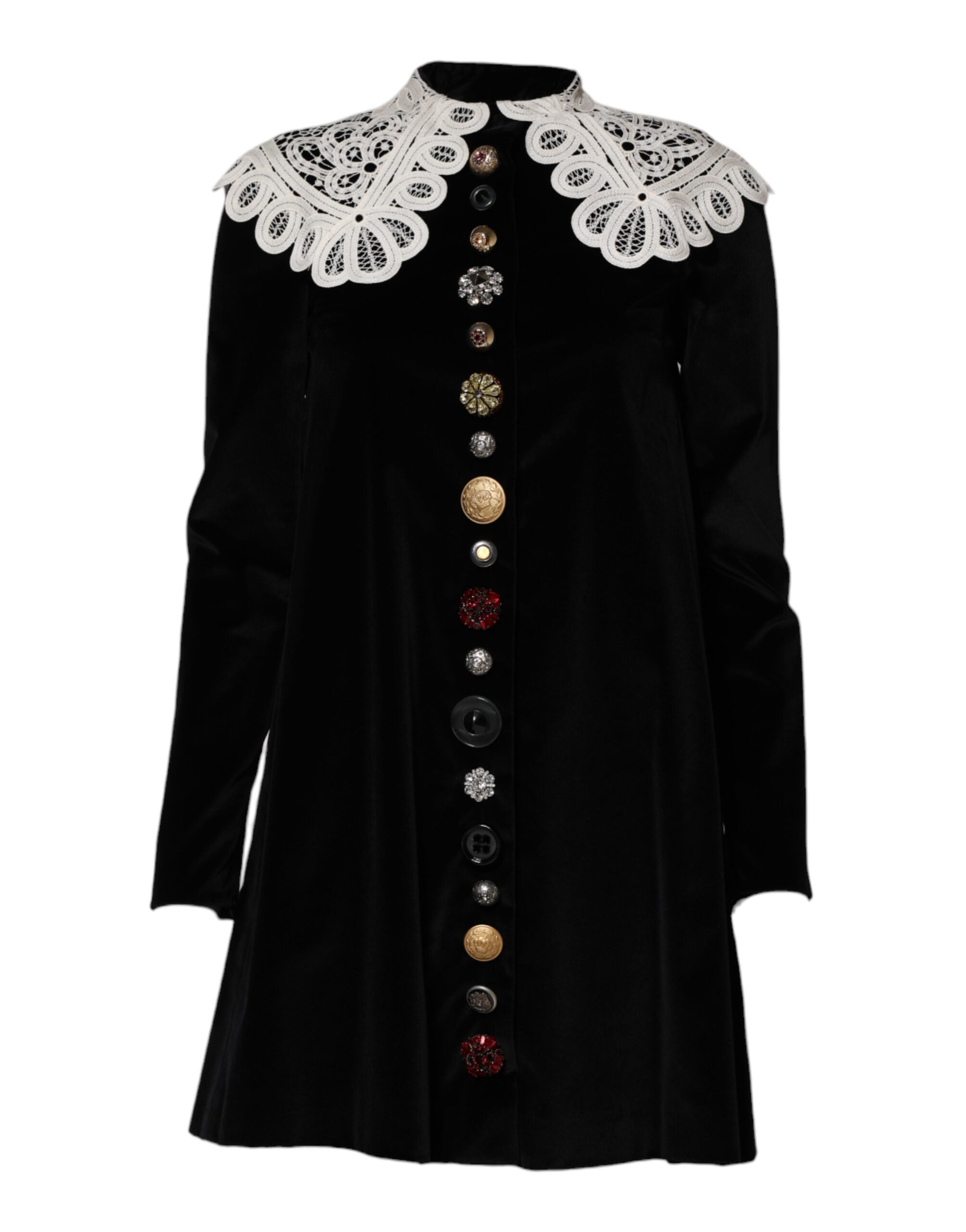 Dolce & Gabbana Black Velvet Lace Collared Embellished Dress