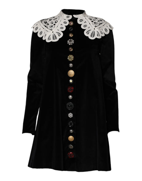 Dolce & Gabbana Black Velvet Lace Collared Embellished Dress