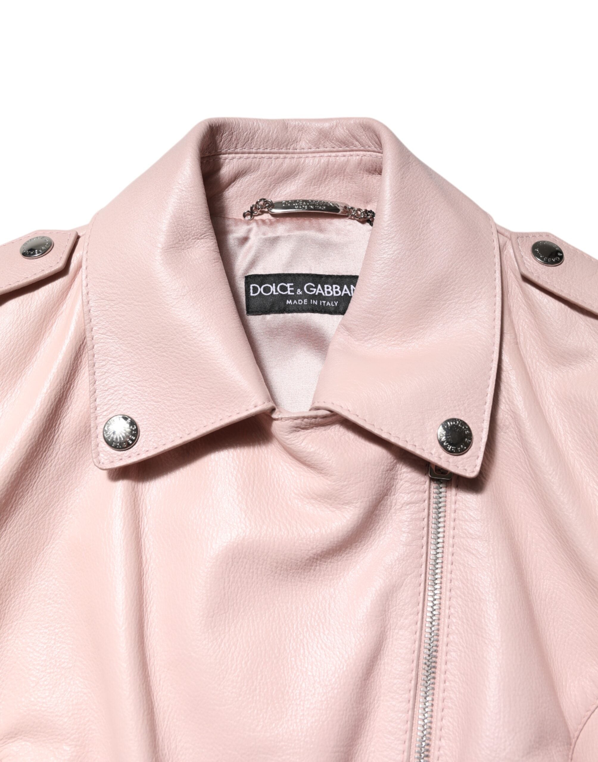 Dolce &amp; Gabbana Ljusrosa Krage Läderjacka Dam Bikerjacka