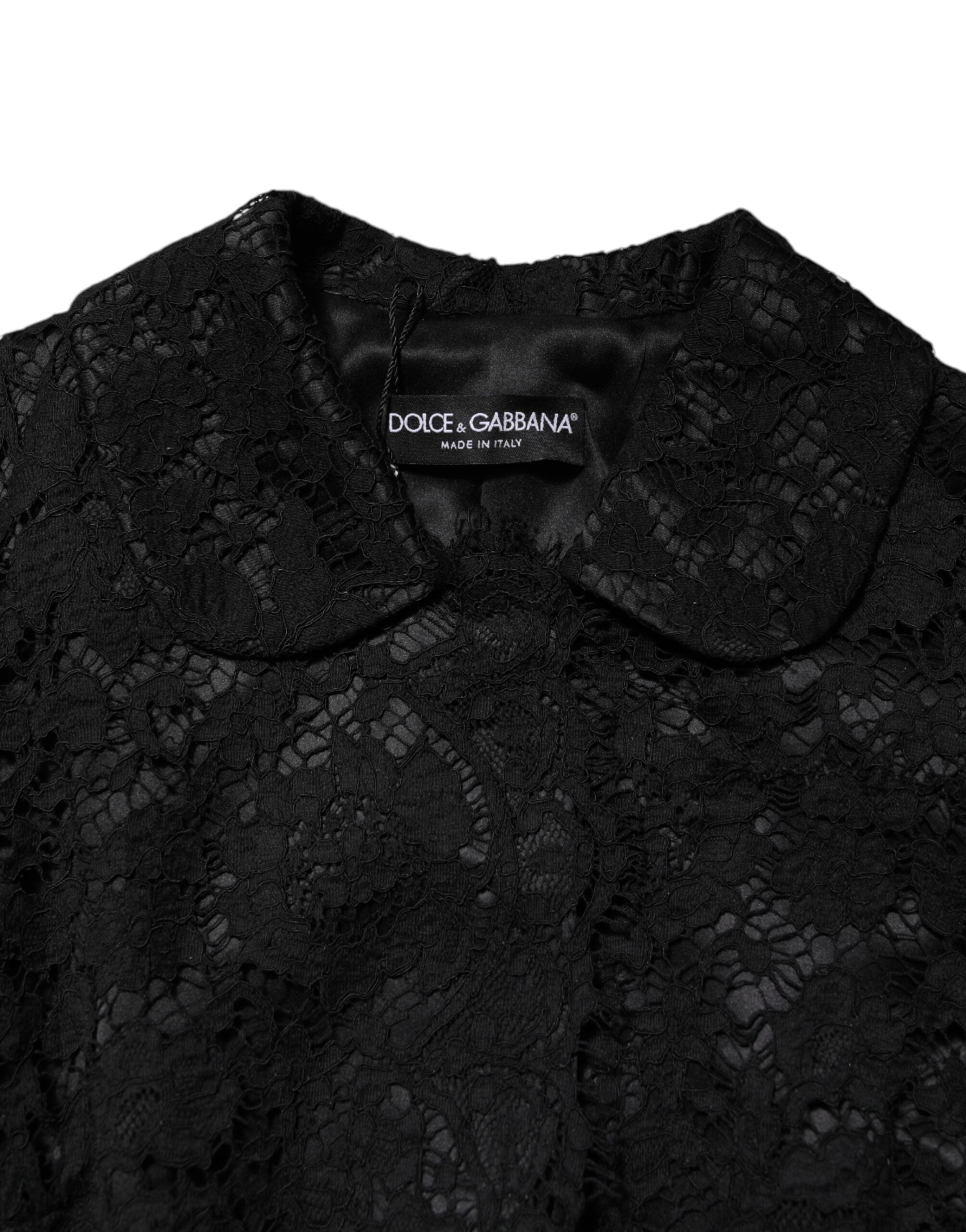 Dolce &amp; Gabbana Sort Blomsterblonderjakke i Bomuld med Krave