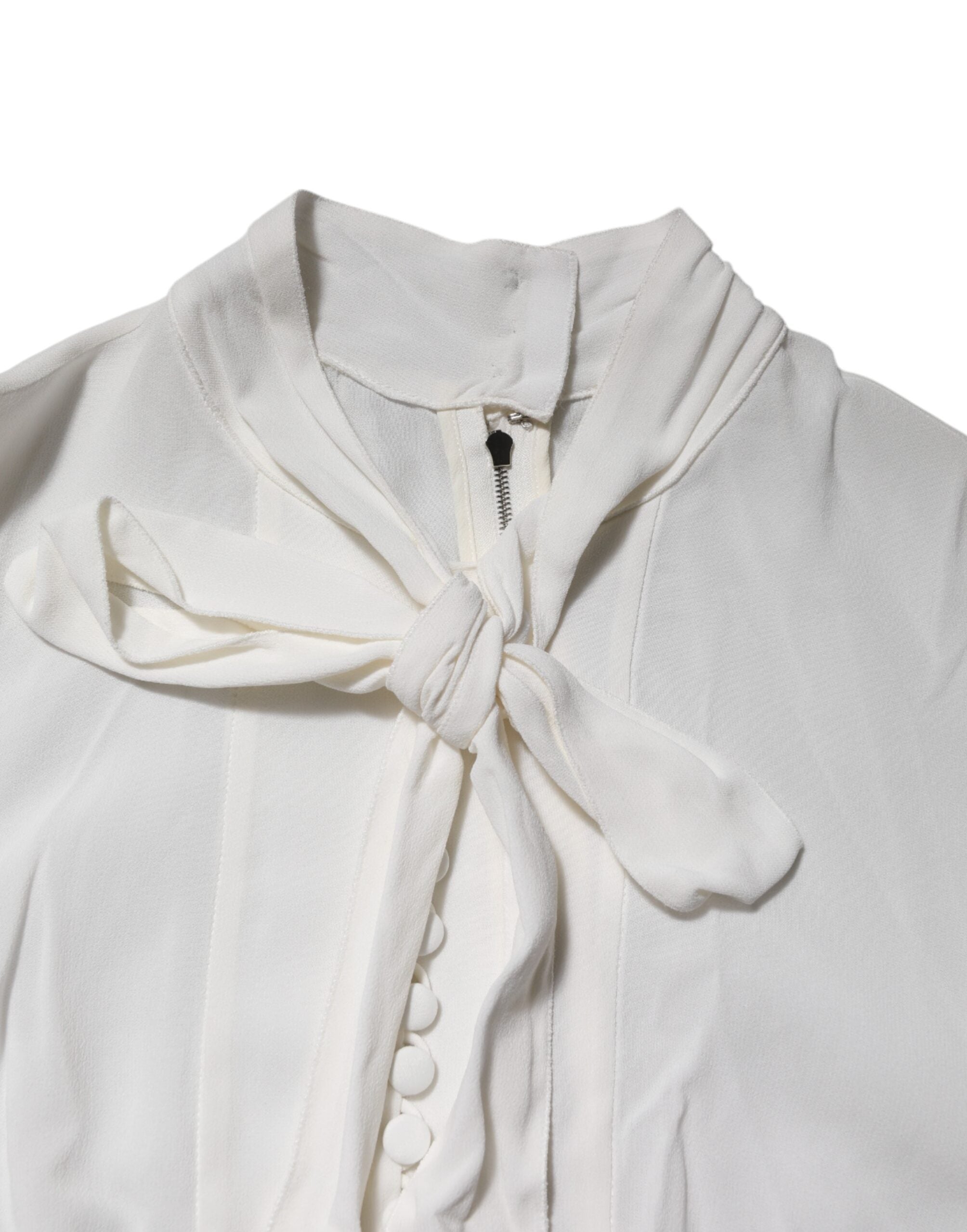 Dolce &amp; Gabbana Hvid Viskose Top med Ascot-krave og Lange Ærmer