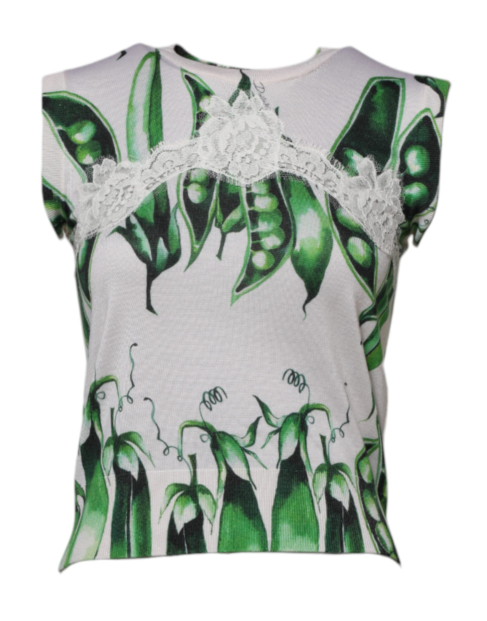 Dolce &amp; Gabbana Hvid Grøn Ærteprint Ærmeløs Bluse Top