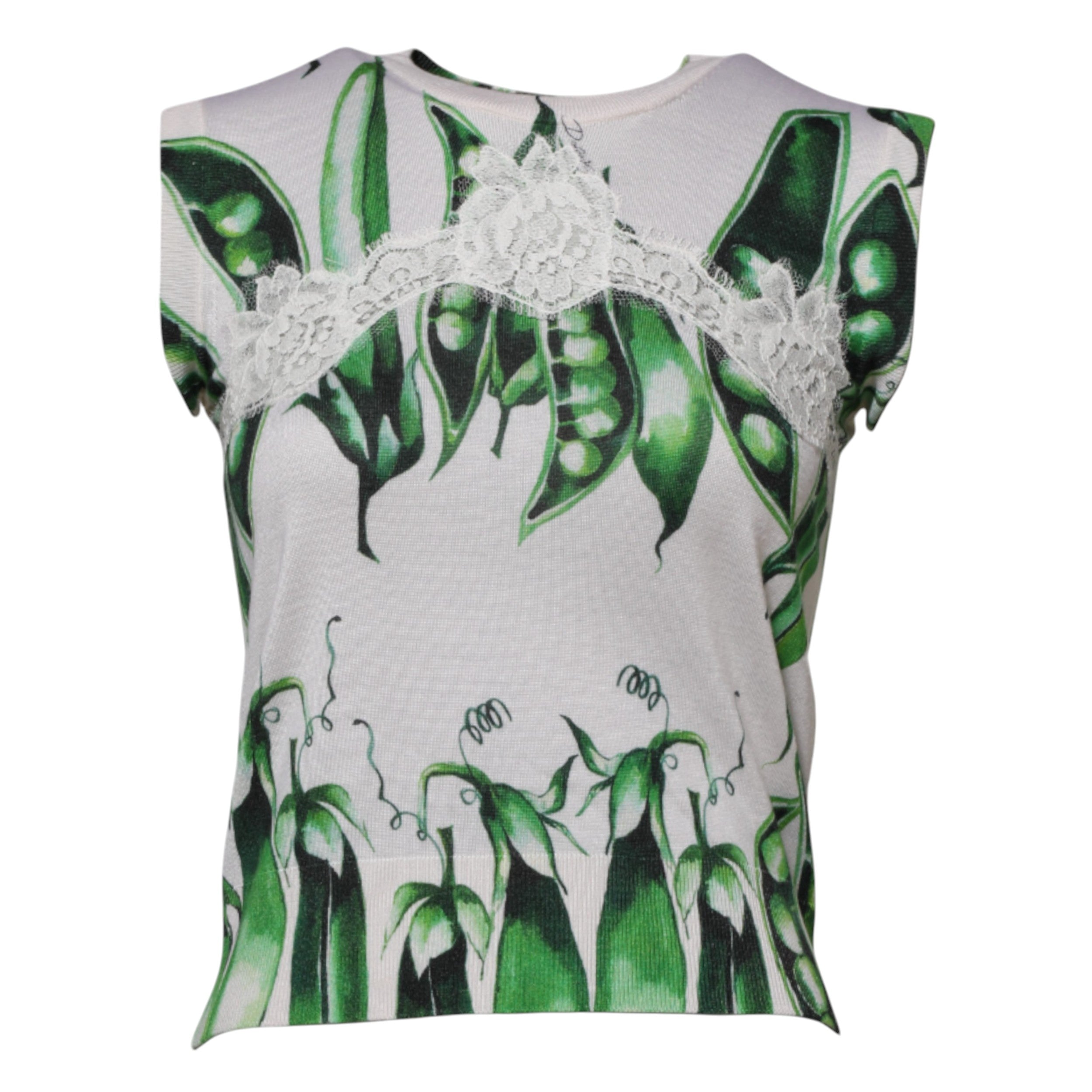 Dolce &amp; Gabbana Hvid Grøn Ærteprint Ærmeløs Bluse Top