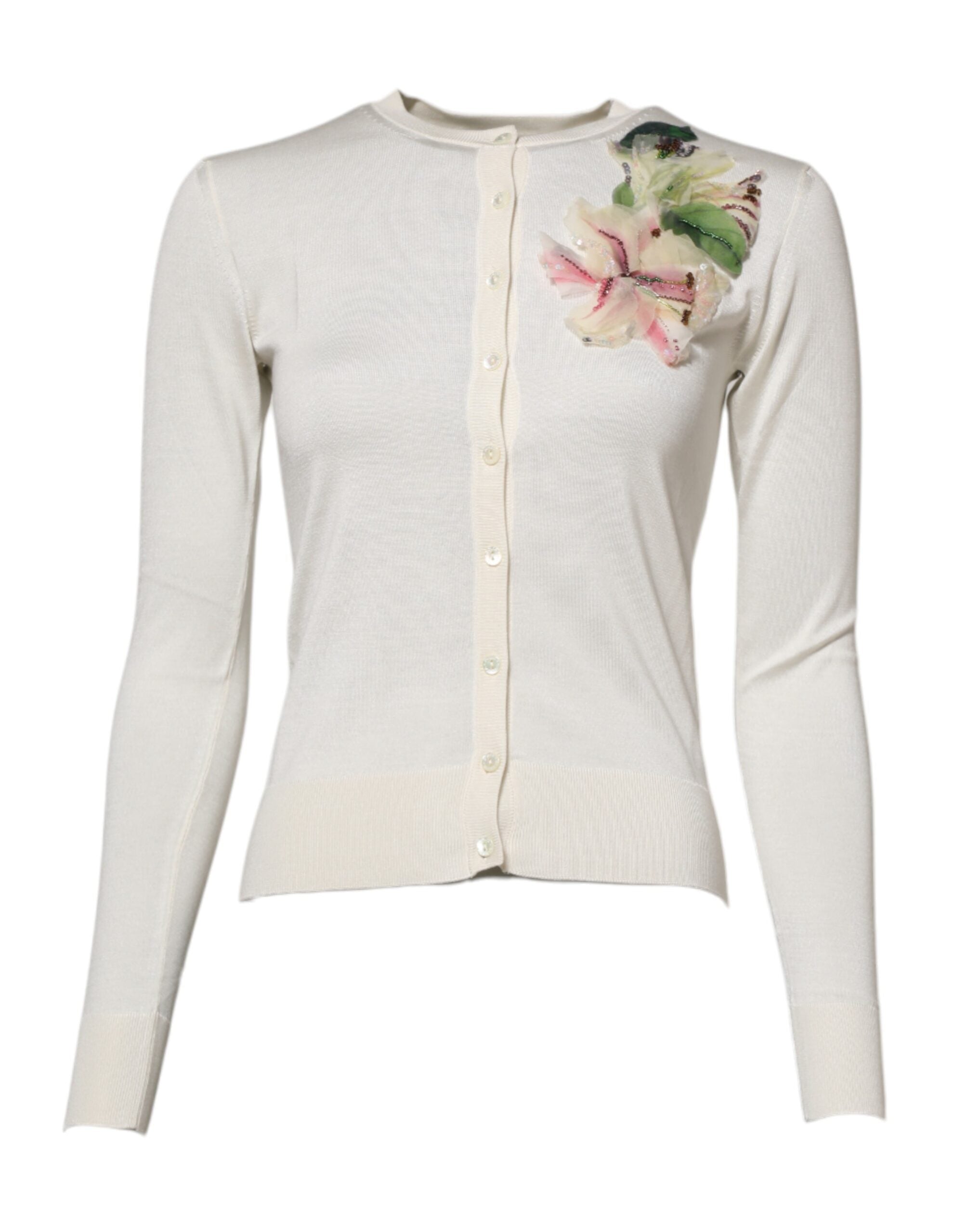 Dolce &amp; Gabbana Hvid Silke Lilje Udsmykket Cardigan Sweater