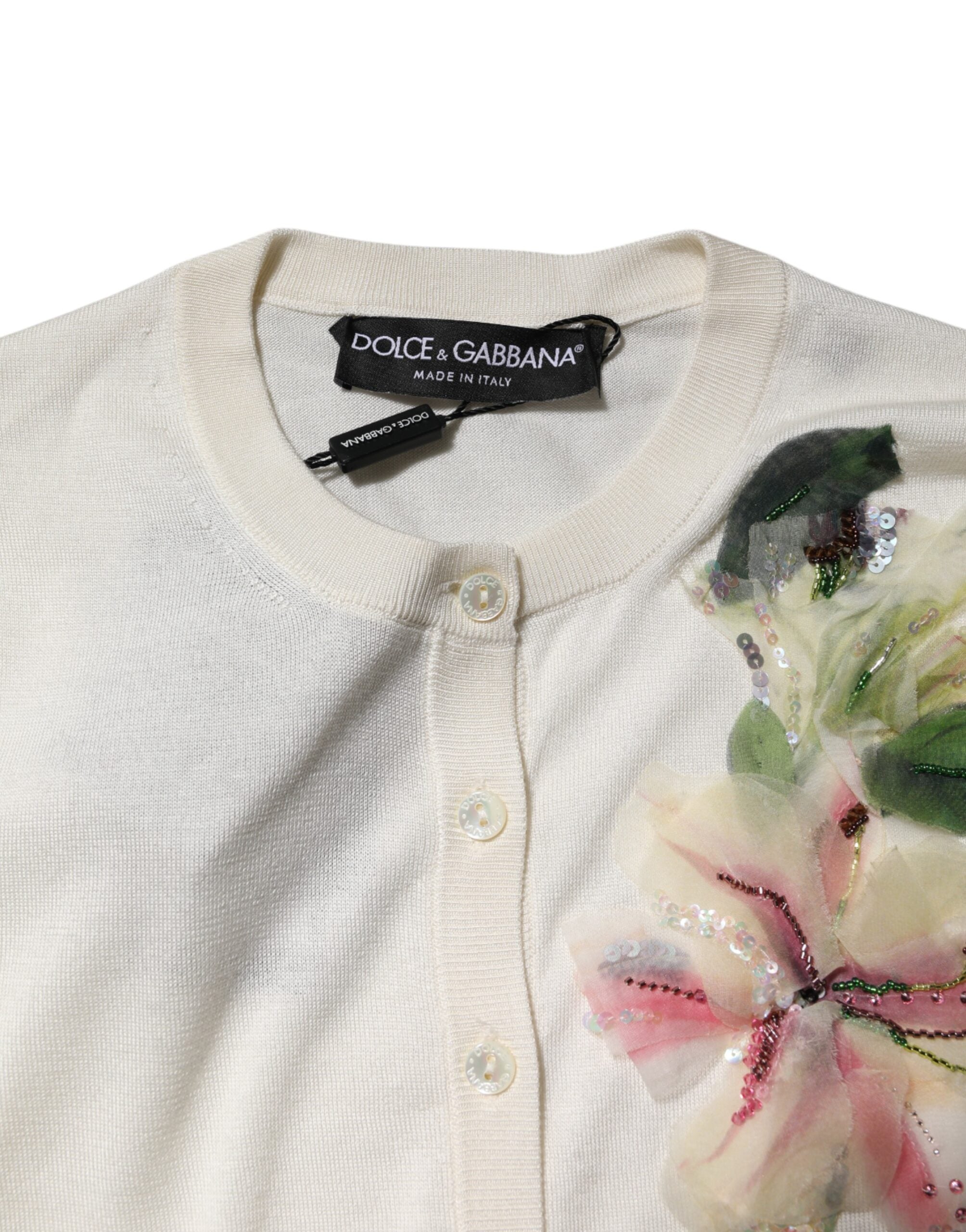 Dolce &amp; Gabbana Hvid Silke Lilje Udsmykket Cardigan Sweater