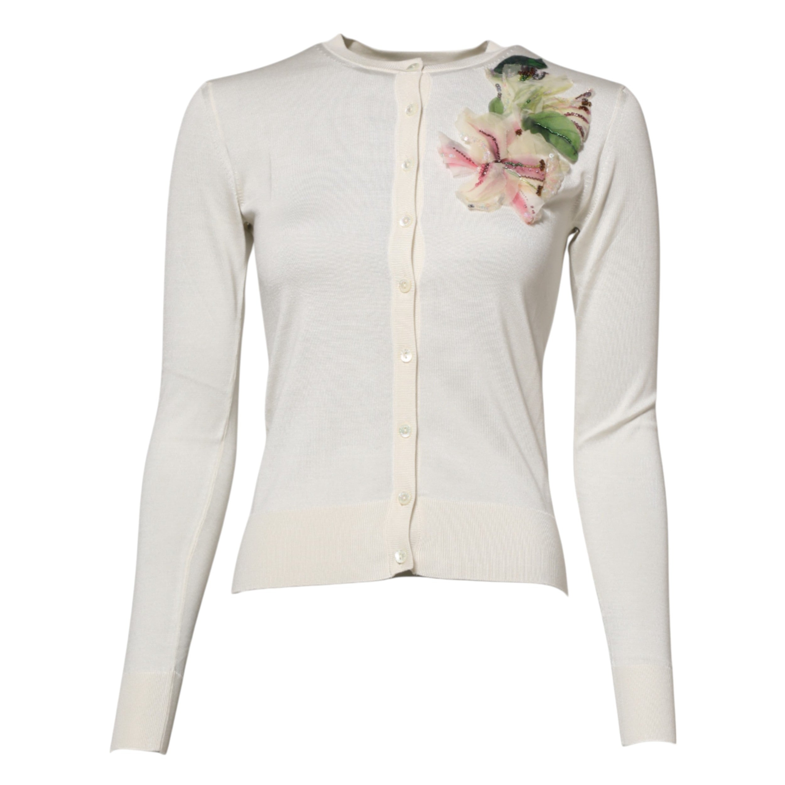 Dolce &amp; Gabbana Hvid Silke Lilje Udsmykket Cardigan Sweater