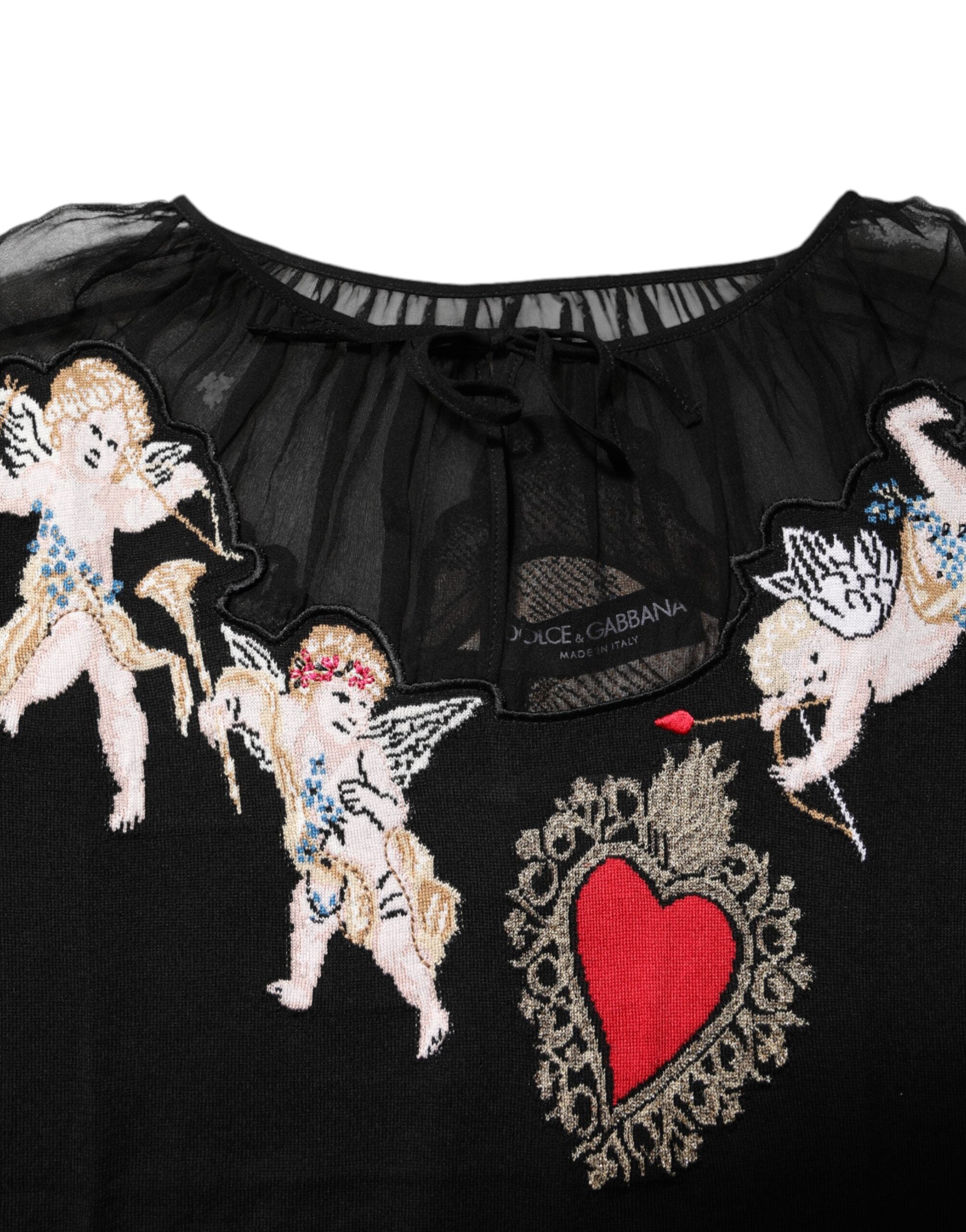 Dolce &amp; Gabbana Svart Sacred Heart Broderad Rundringad Topp