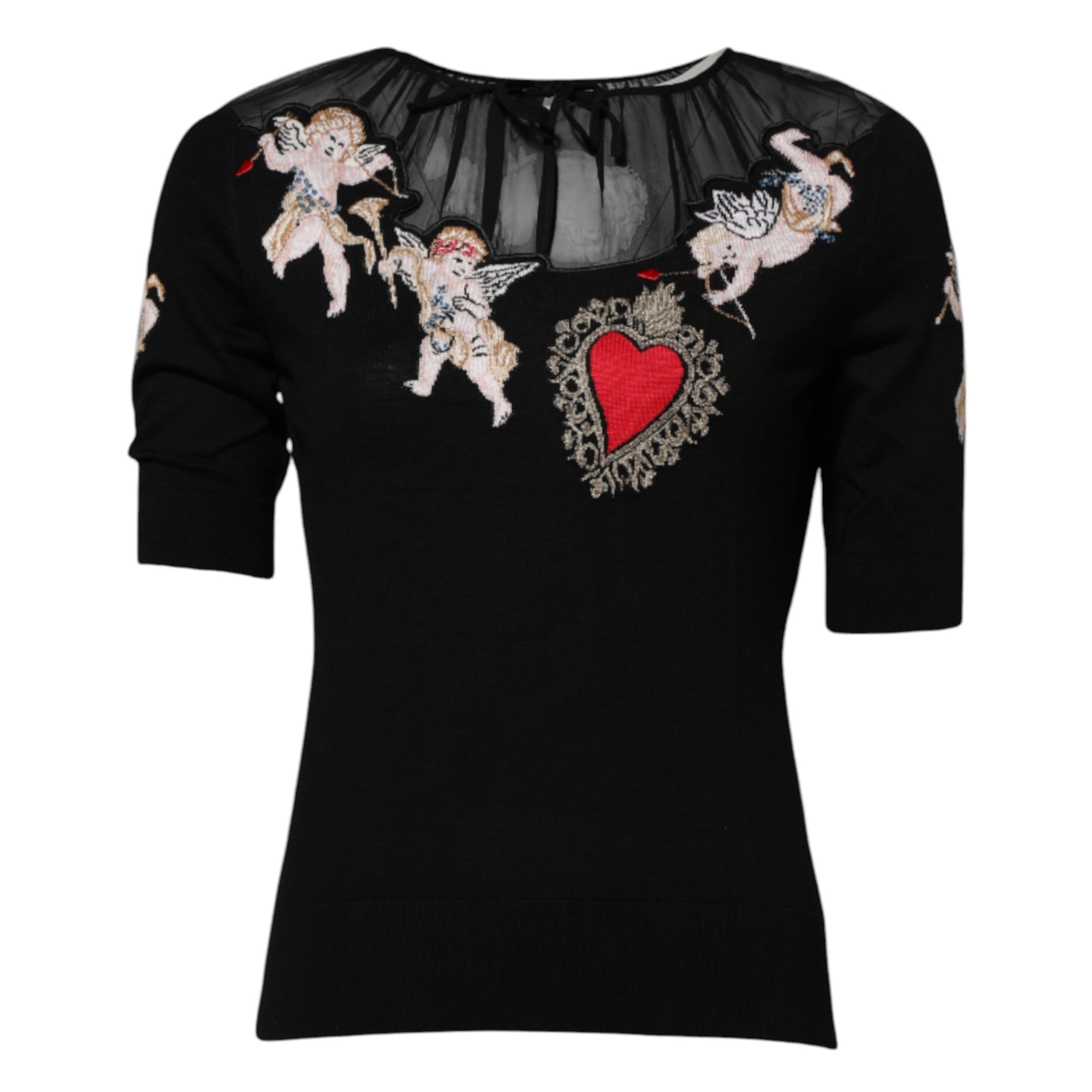 Dolce &amp; Gabbana Svart Sacred Heart Broderad Rundringad Topp