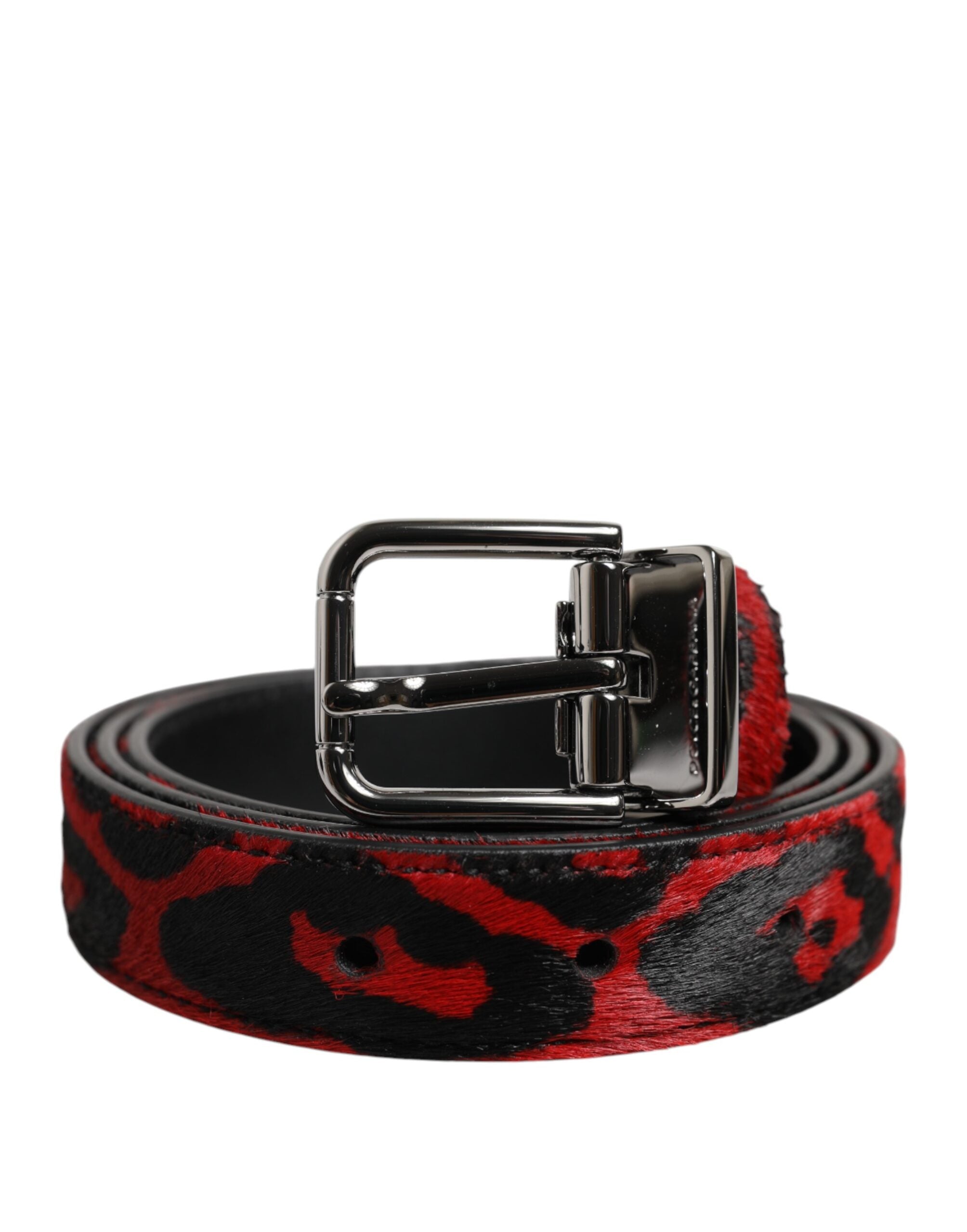 Dolce &amp; Gabbana Sort Rød Leopard Sølv Metalspænde Bælte