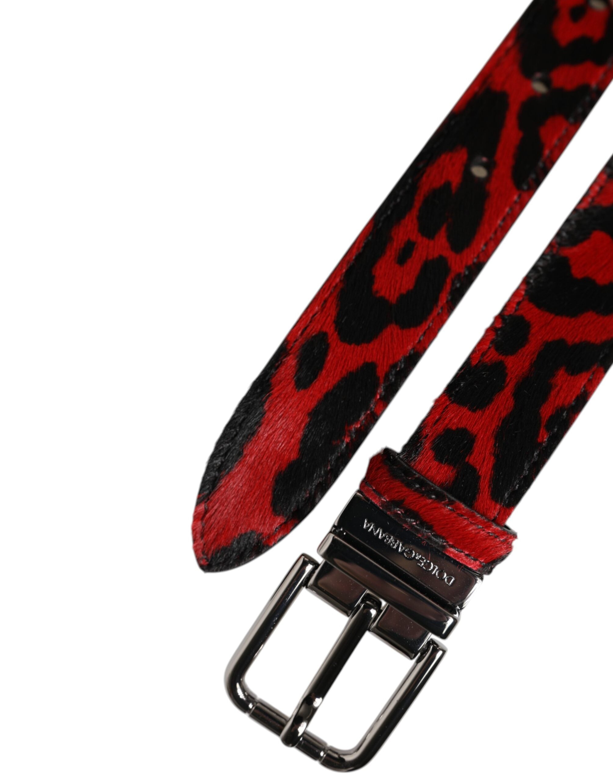 Dolce &amp; Gabbana Sort Rød Leopard Sølv Metalspænde Bælte