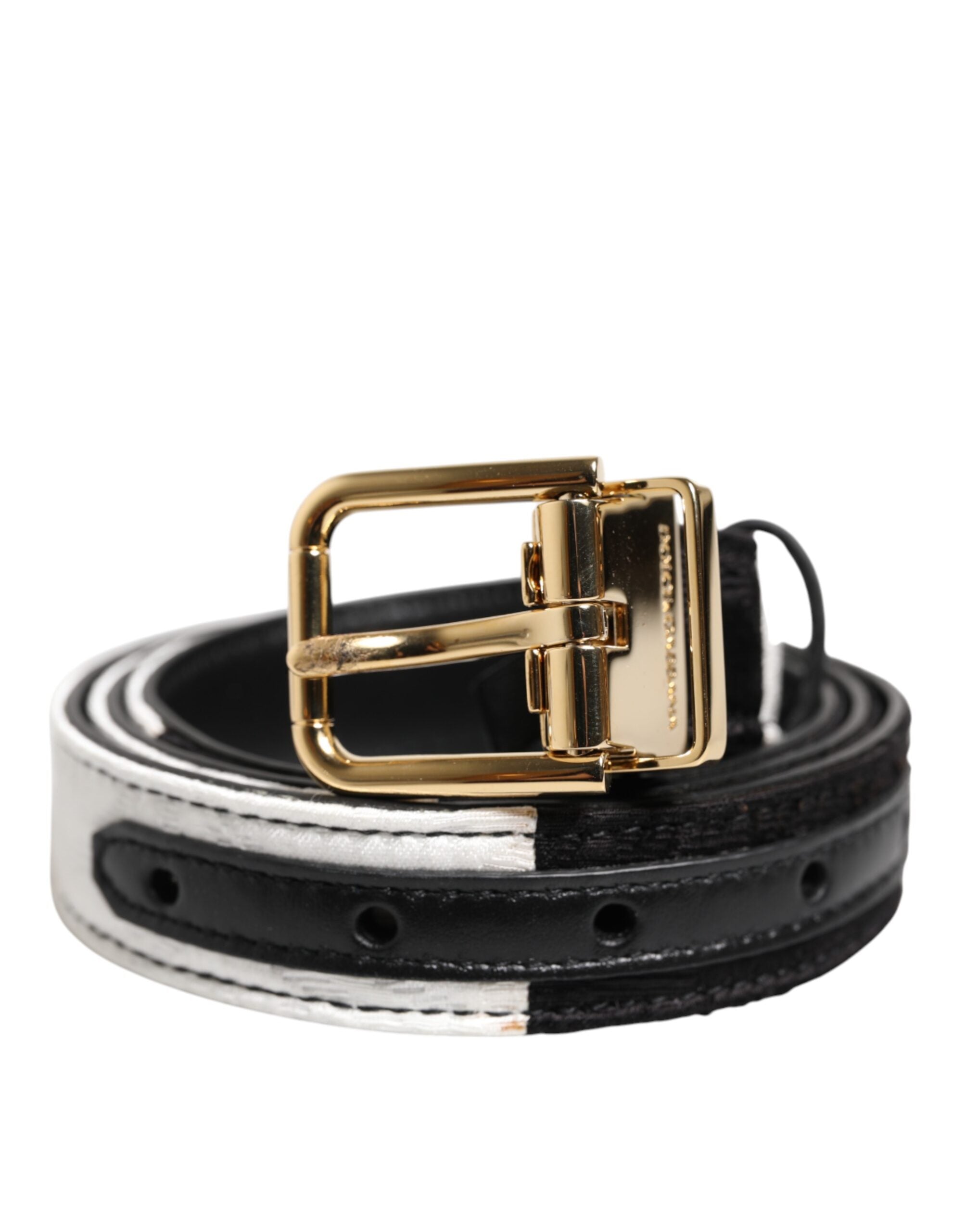 Dolce &amp; Gabbana Sort Hvid Patchwork Guld Metal Spænde Bælte