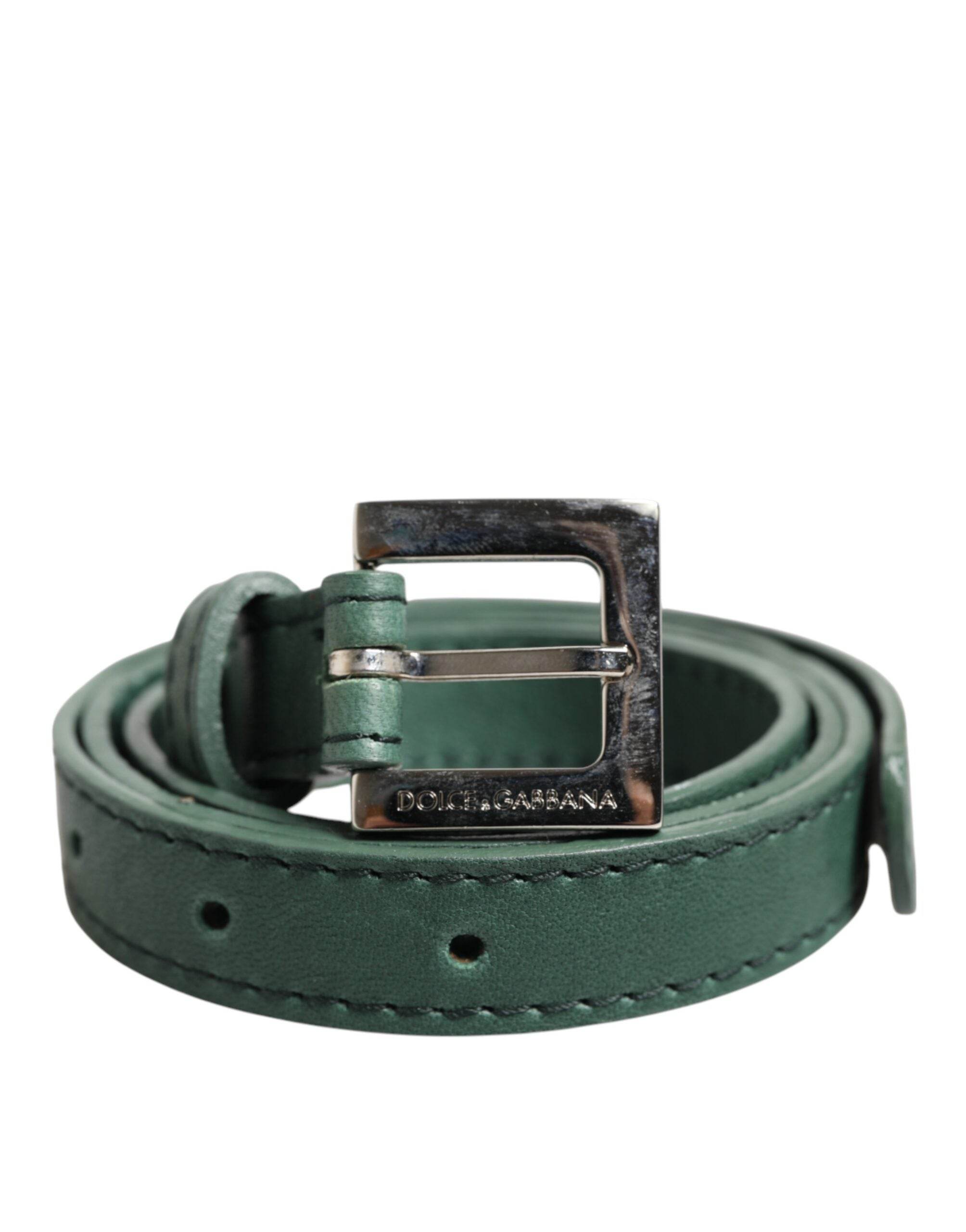 Dolce & Gabbana Dark Green Leather Silver Metal Buckle Belt - Hilstor